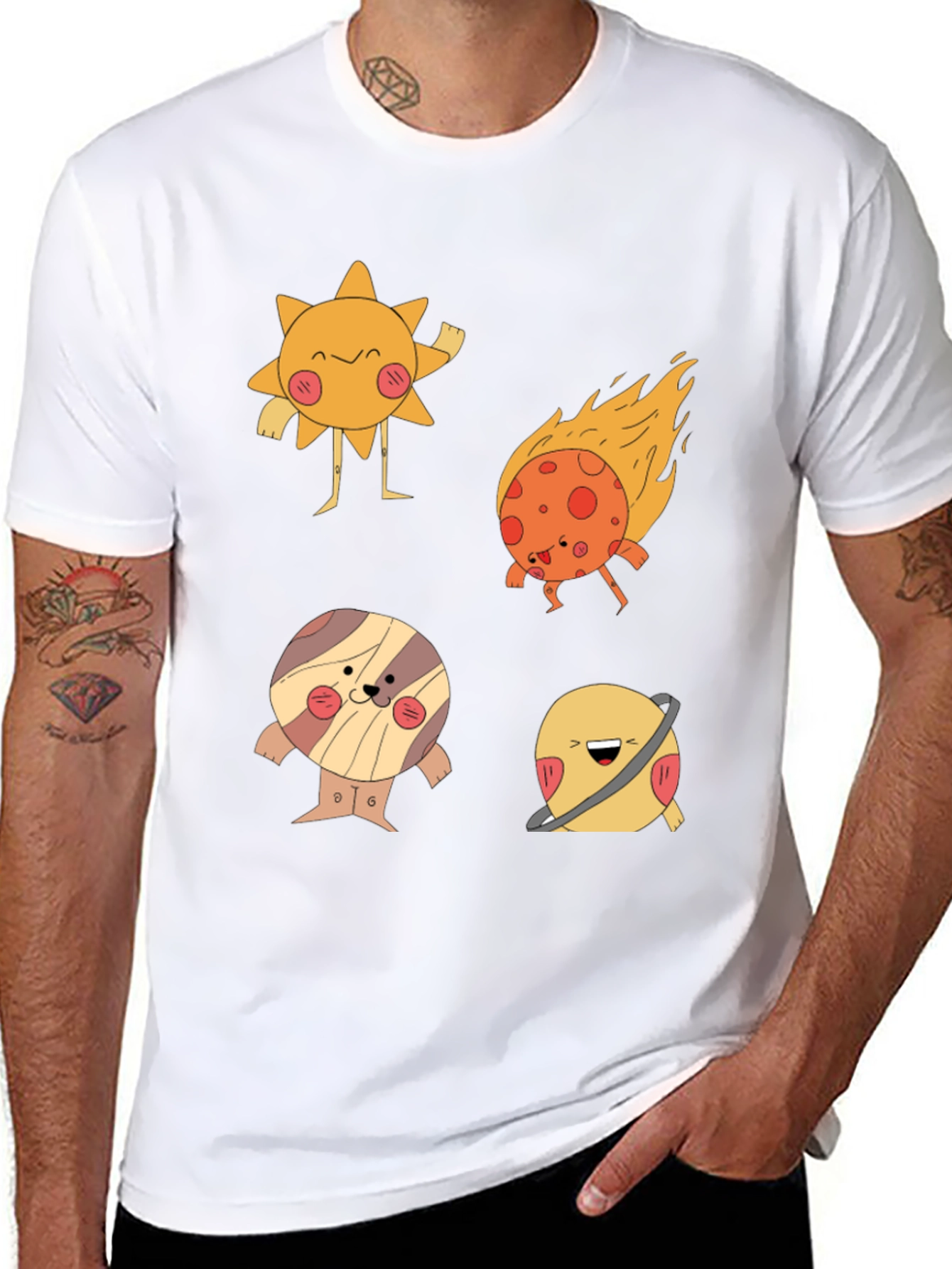 Cartoon Planet Print Black T-Shirt