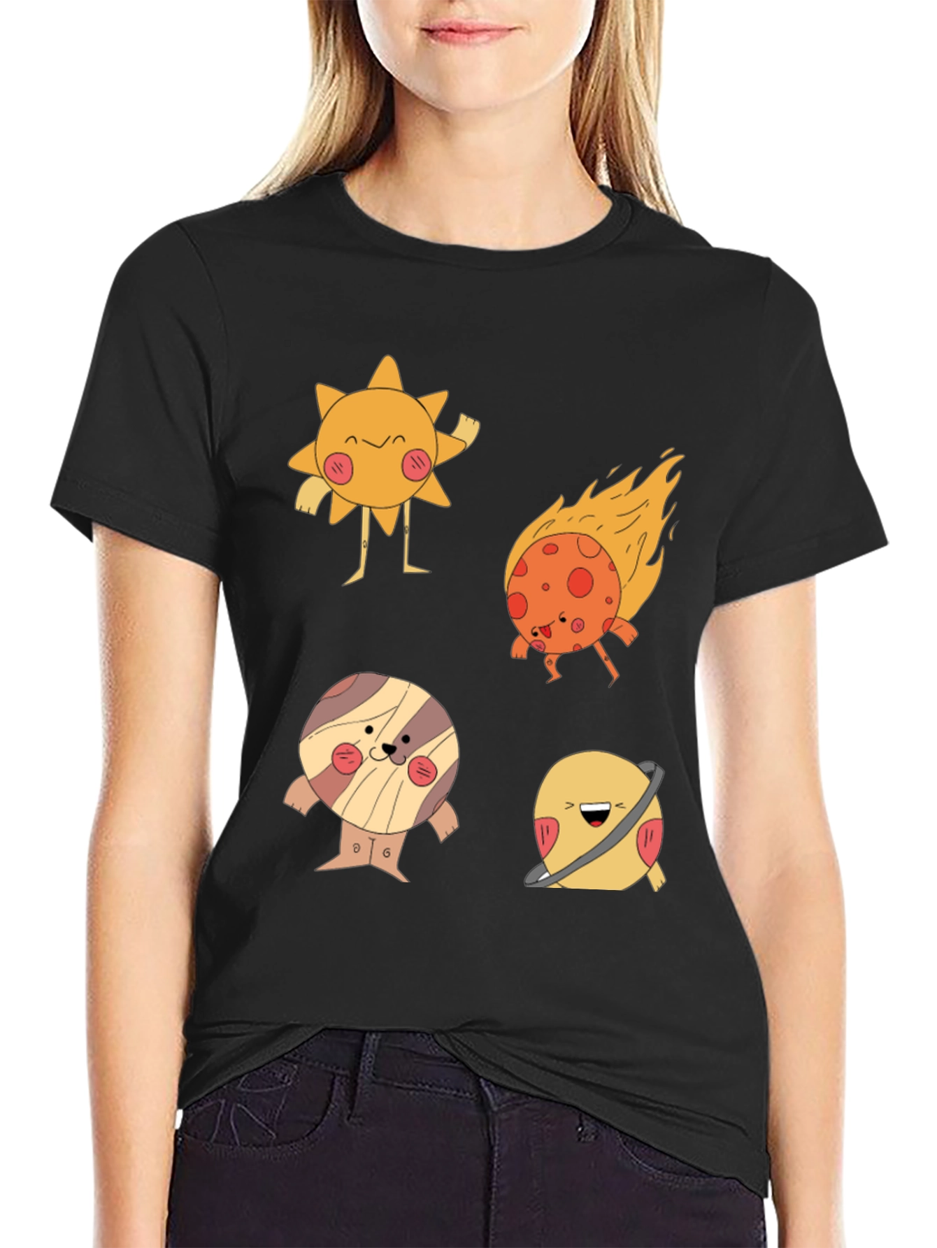 Cartoon Planet Print Black T-Shirt