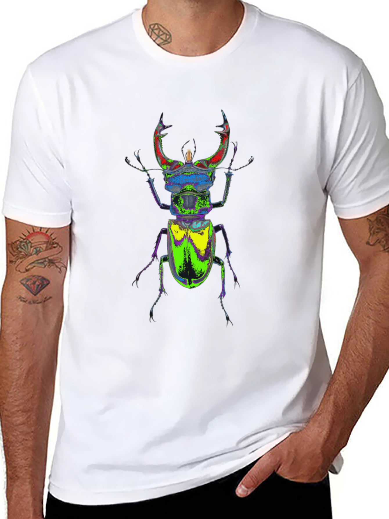 Colorful Stag Beetle Graphic Tee - Black