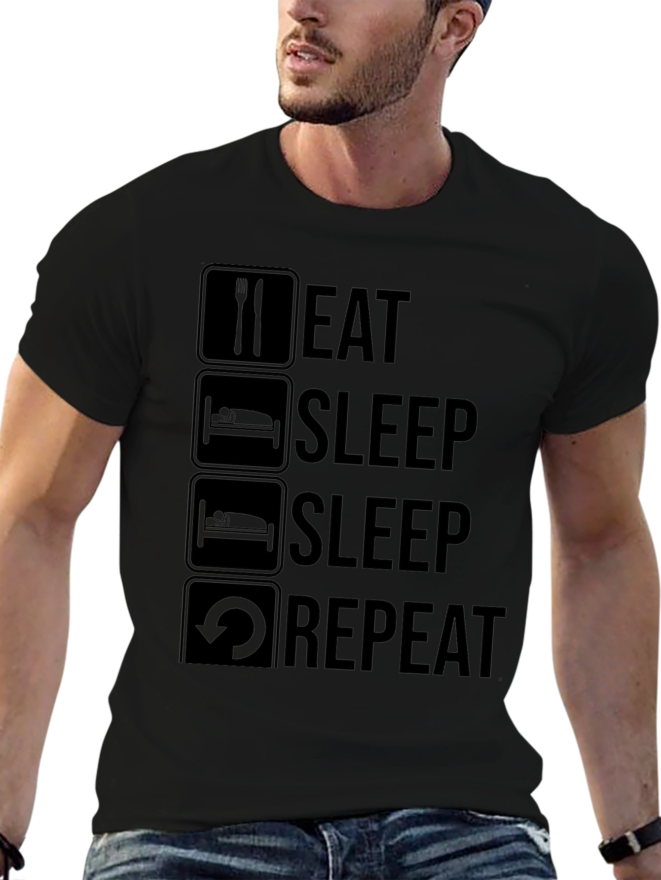 Eat Sleep Repeat Graphic Tee - Black Crew Neck T-Shirt