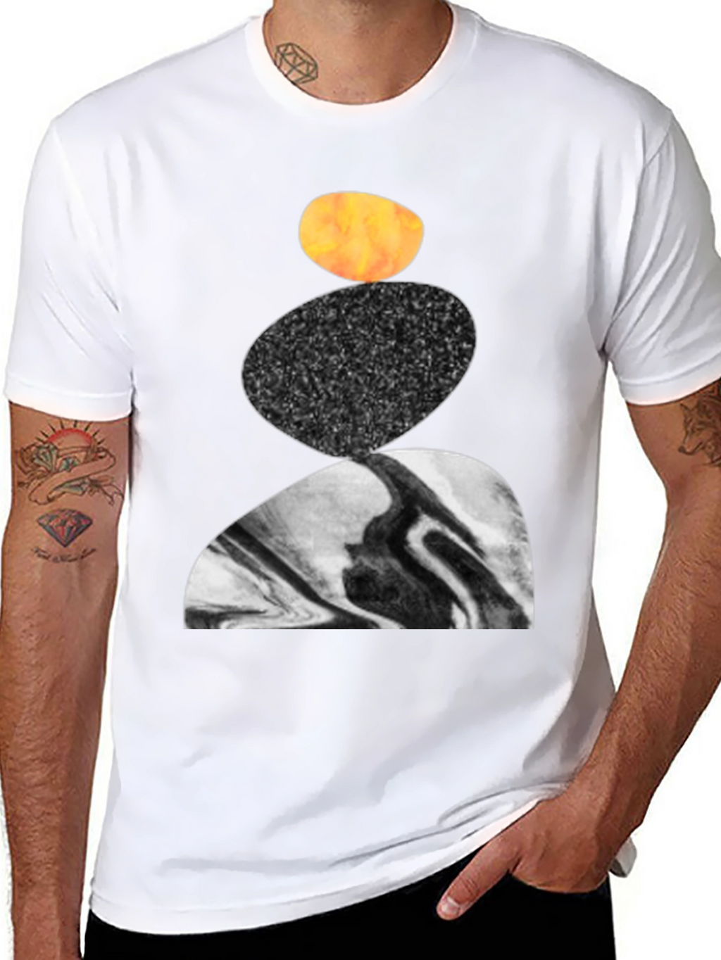 Abstract Stacked Stone Graphic Print Black T-Shirt