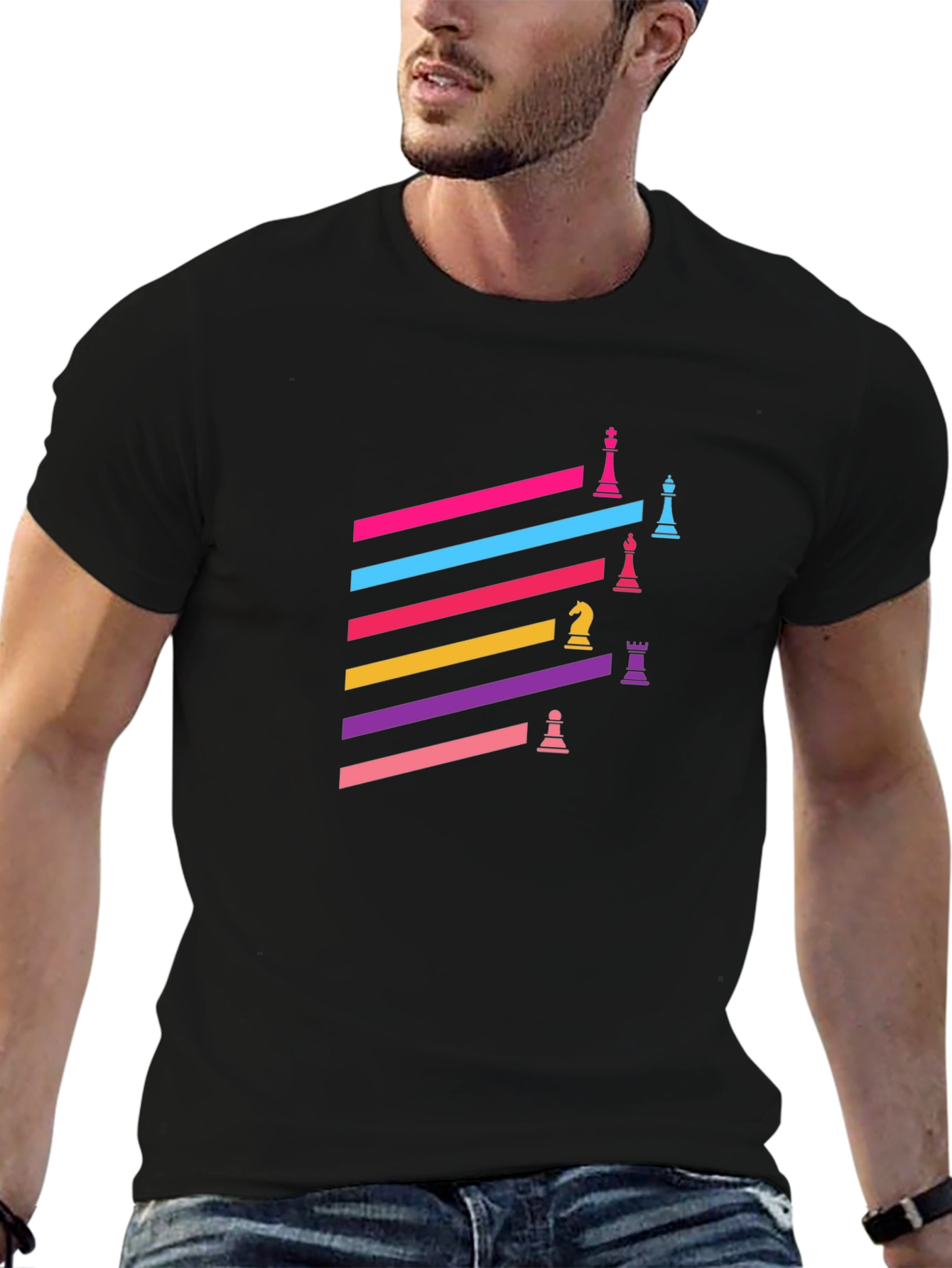 Colorful Chess Piece Graphic Tee - Trendy Black T-Shirt