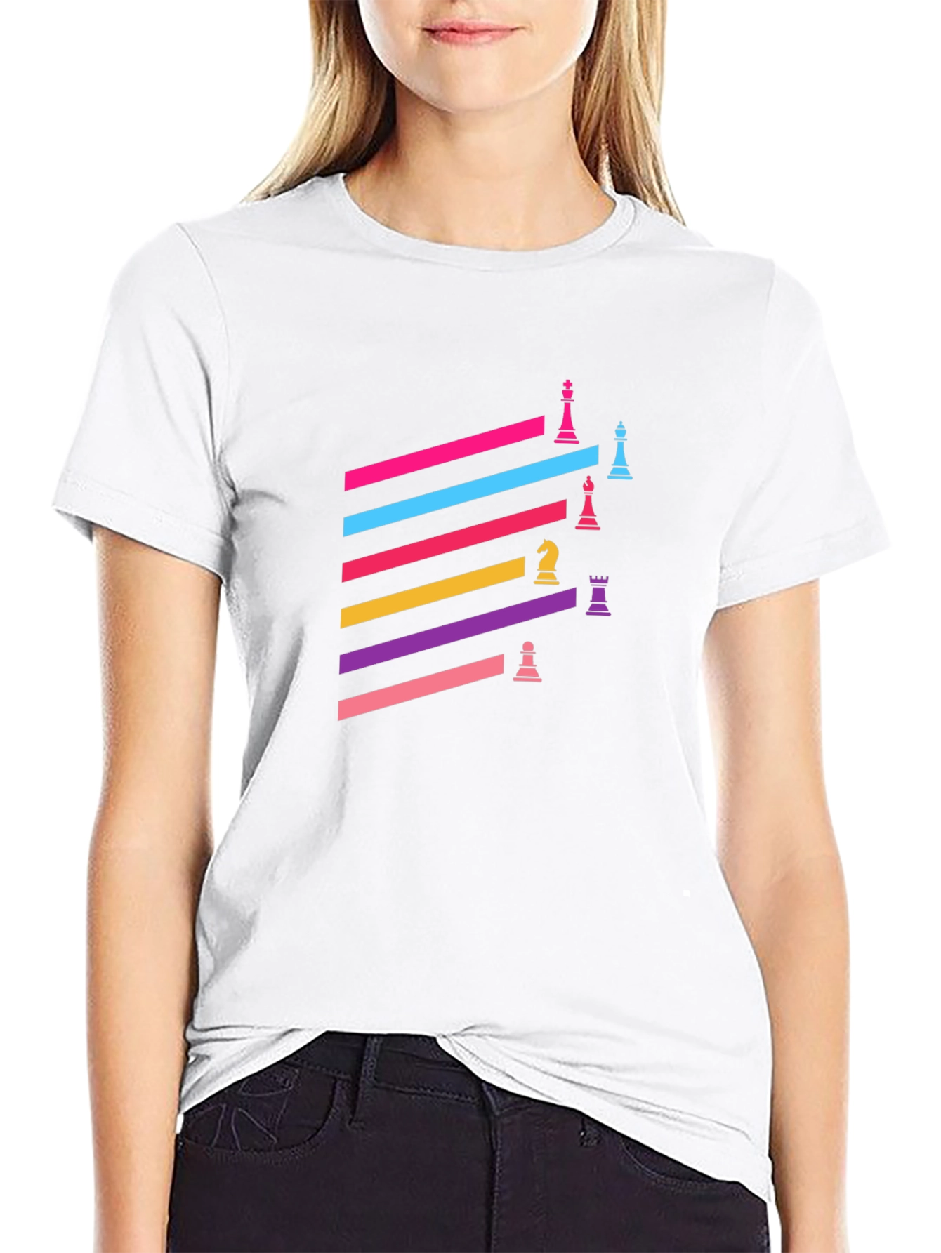 Colorful Chess Piece Graphic Tee - Trendy Black T-Shirt