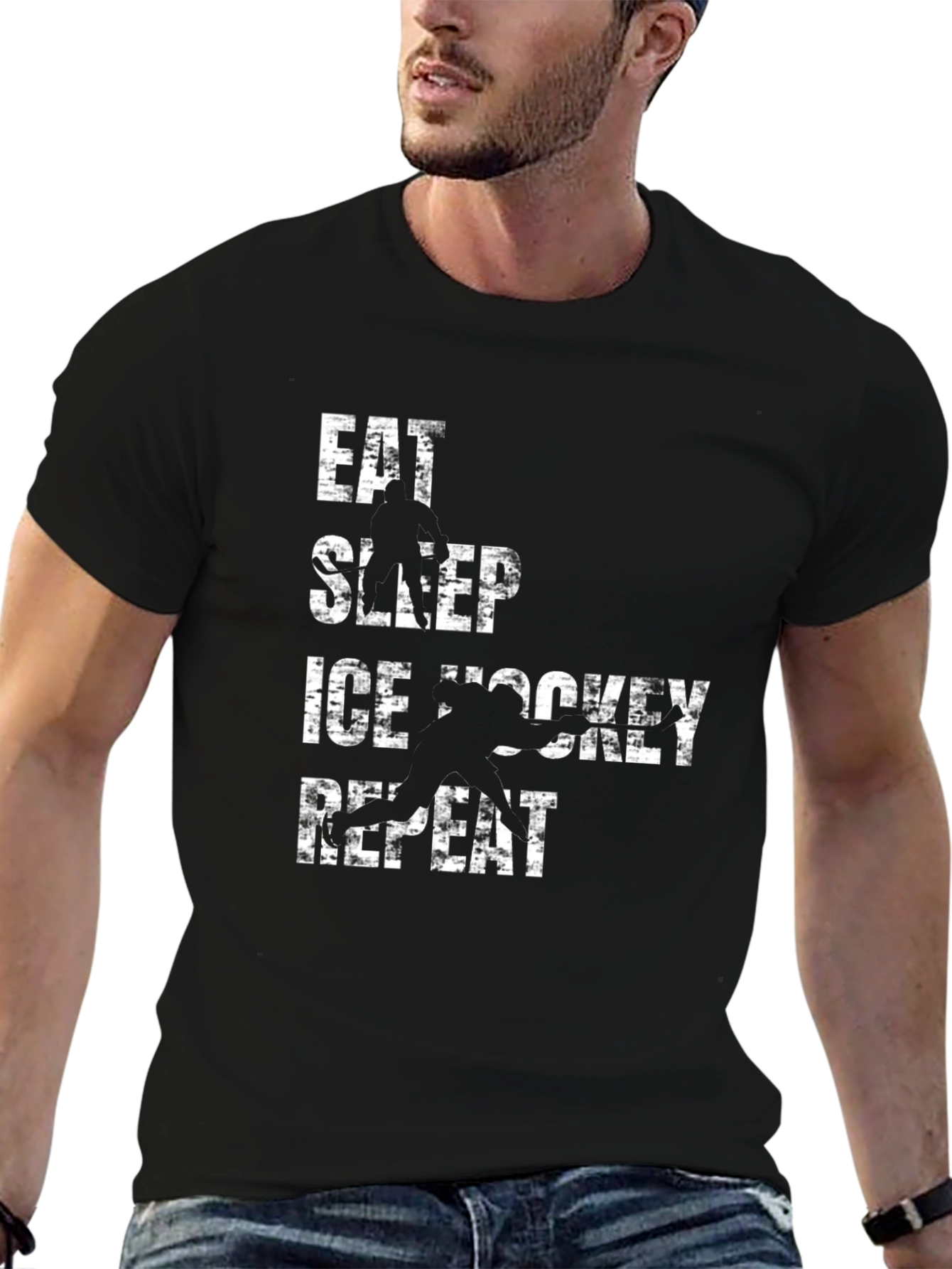 Eat Sleep Ice Hockey Repeat Black Graphic T-Shirt