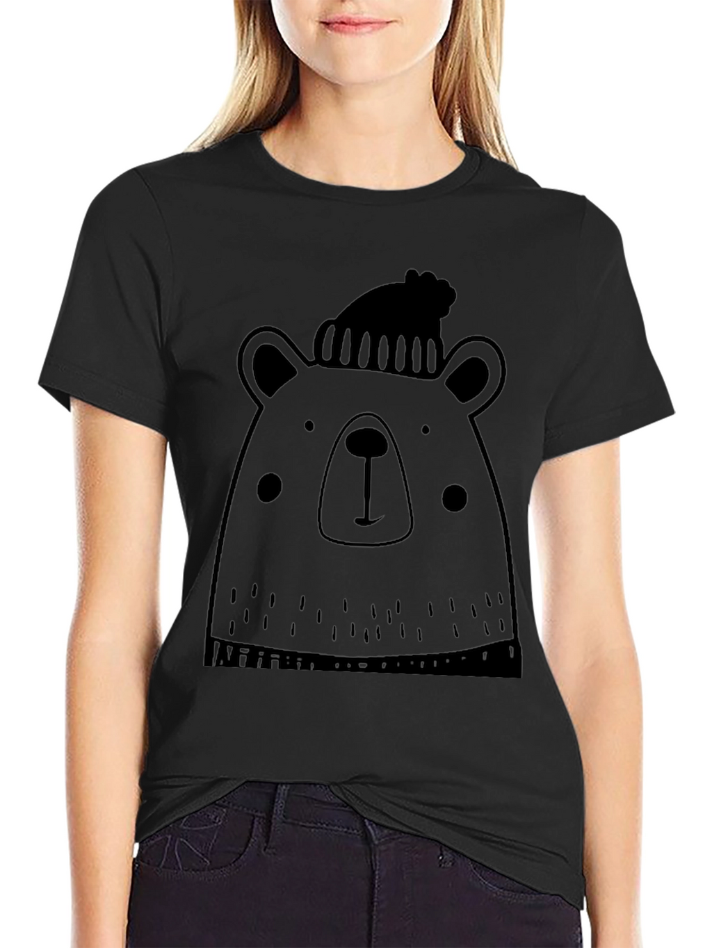 Bear with Beanie Black Graphic T-Shirt