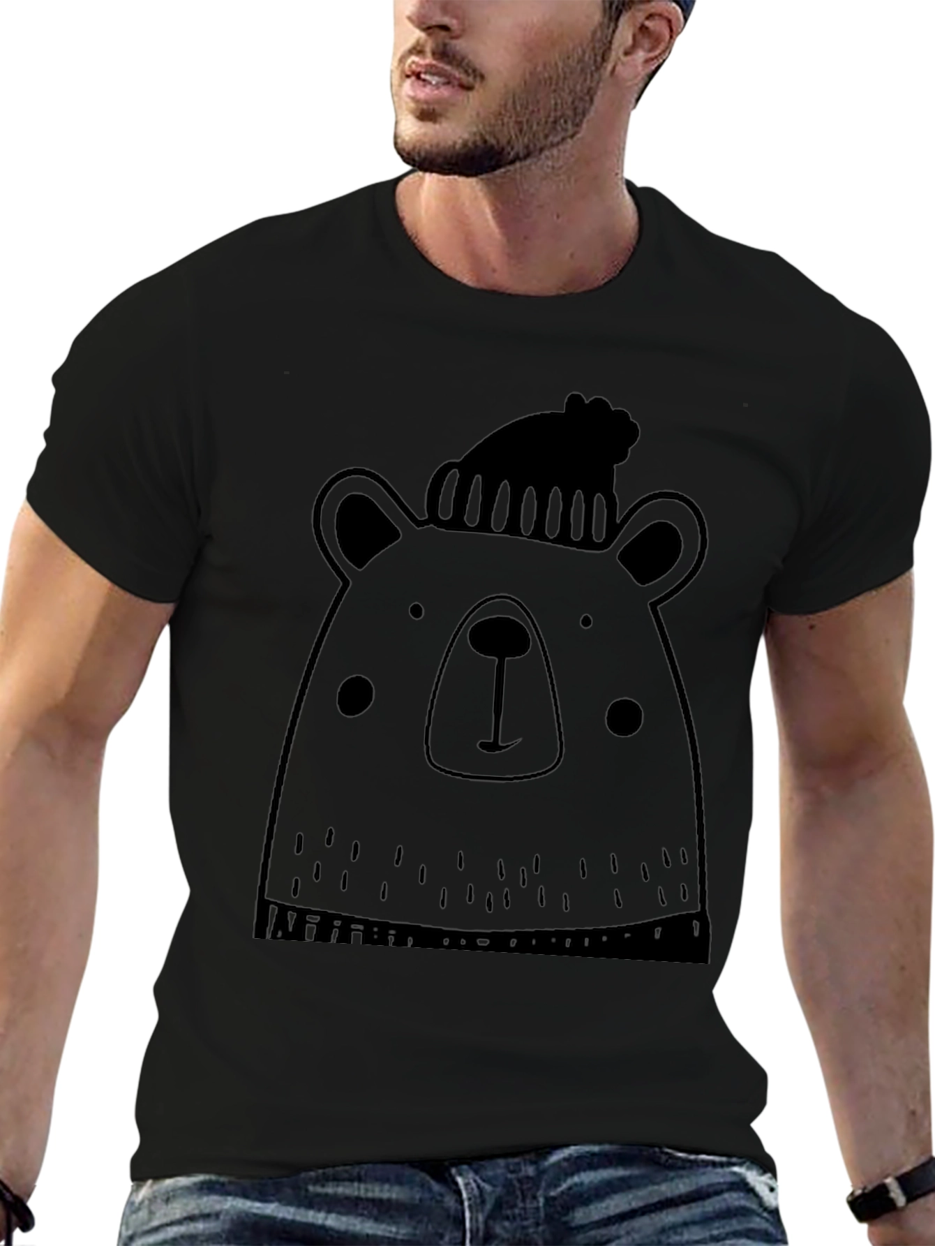 Bear with Beanie Black Graphic T-Shirt