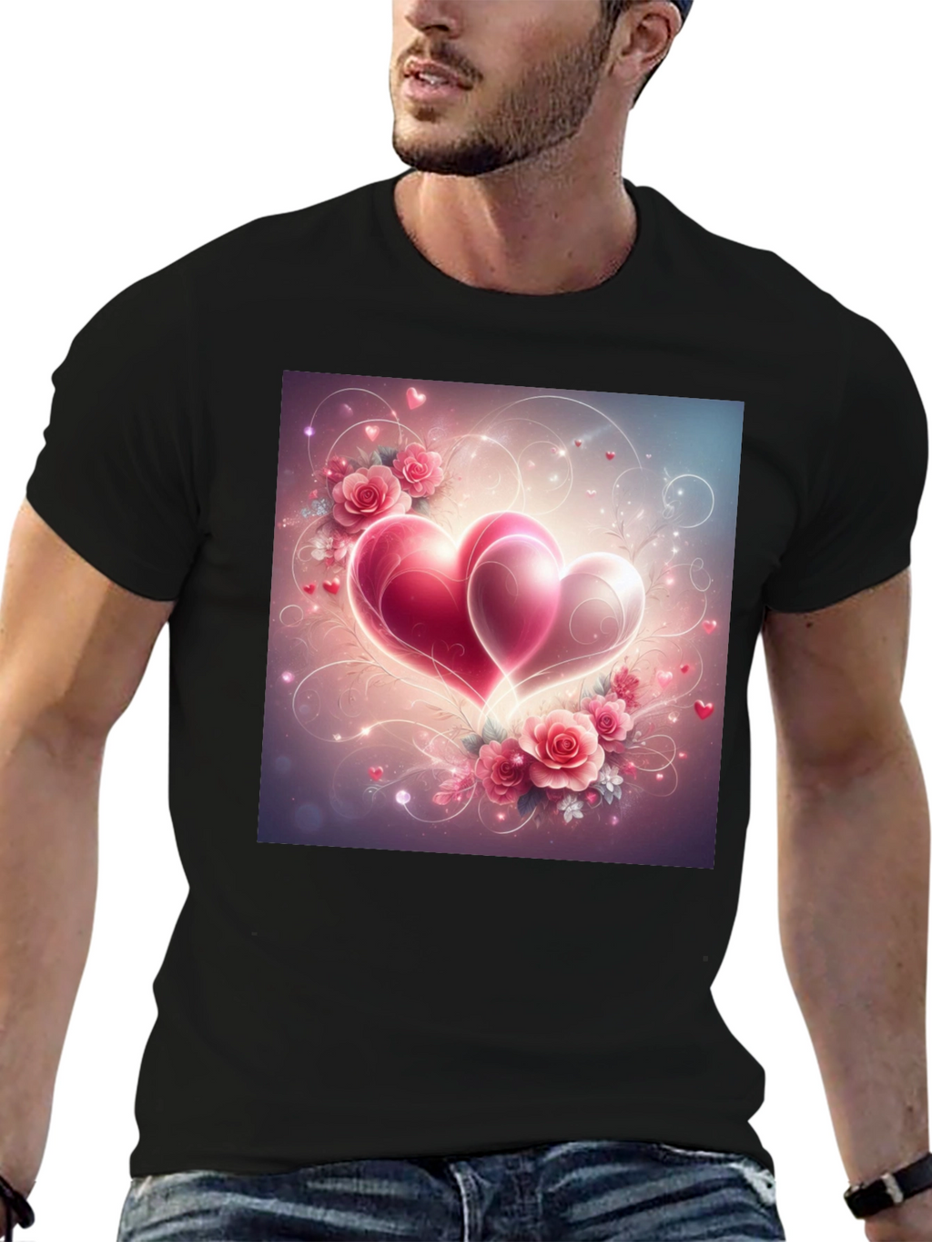 Romantic Hearts & Roses Graphic Tee - Black