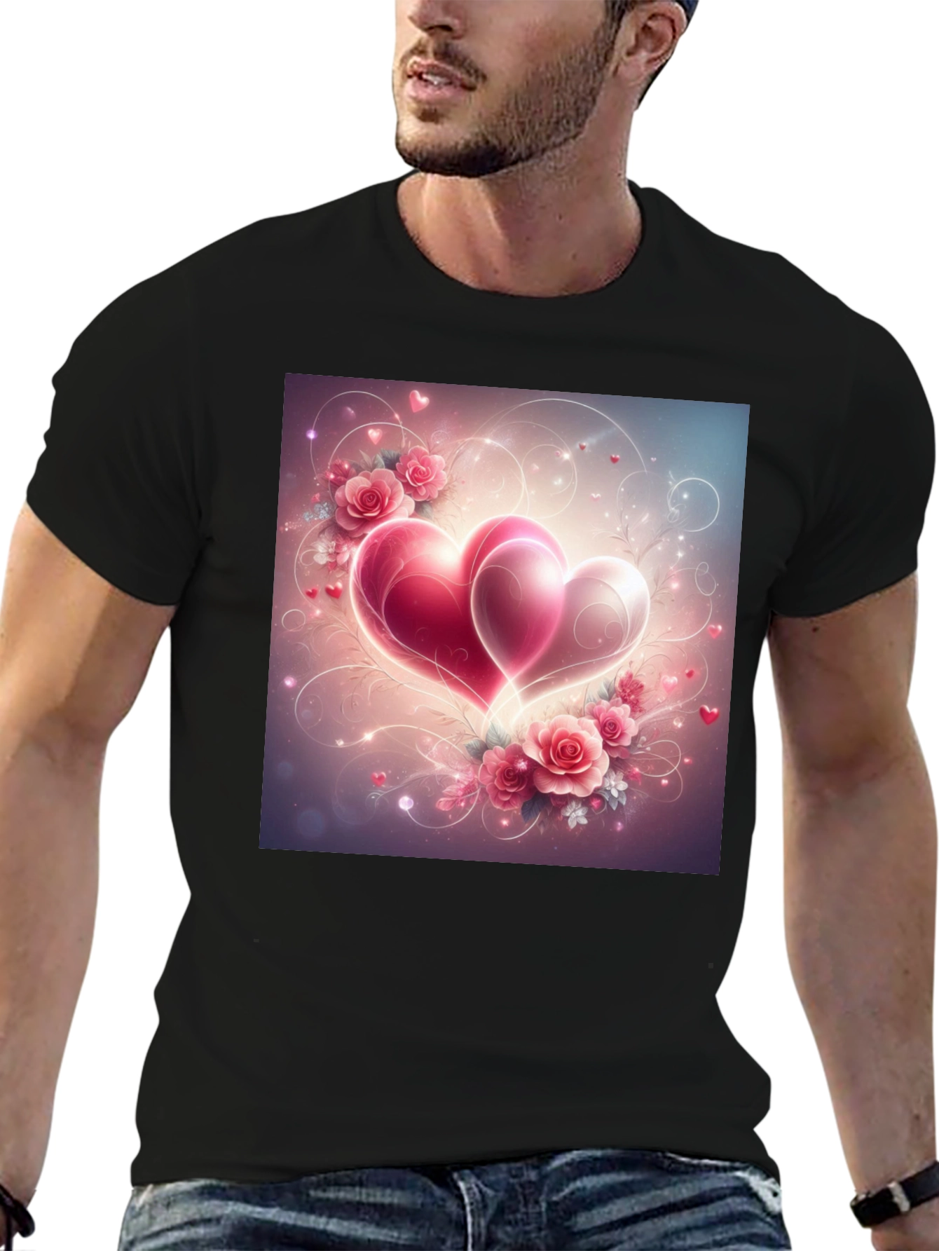 Romantic Hearts & Roses Graphic Tee - Black