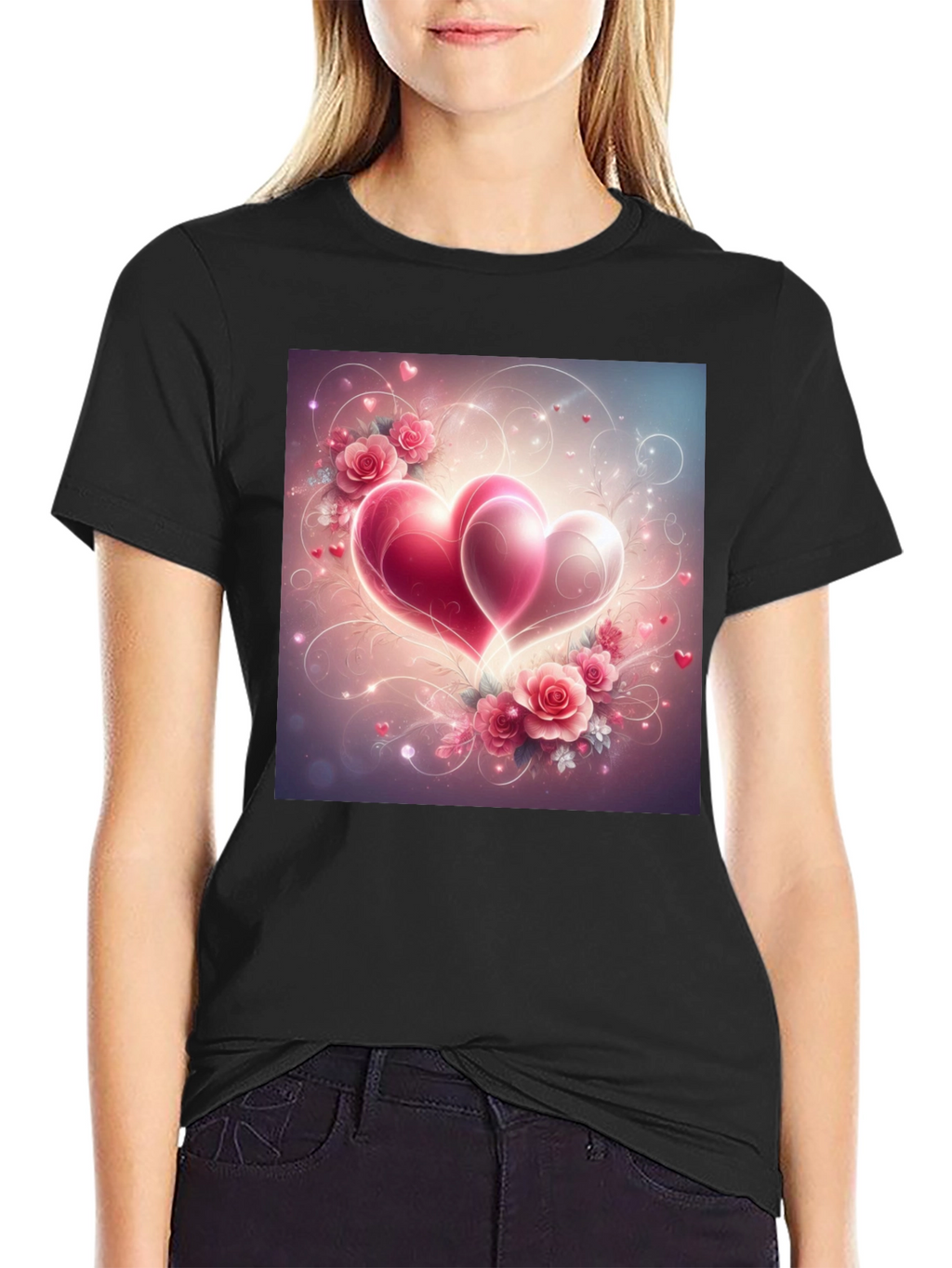 Romantic Hearts & Roses Graphic Tee - Black