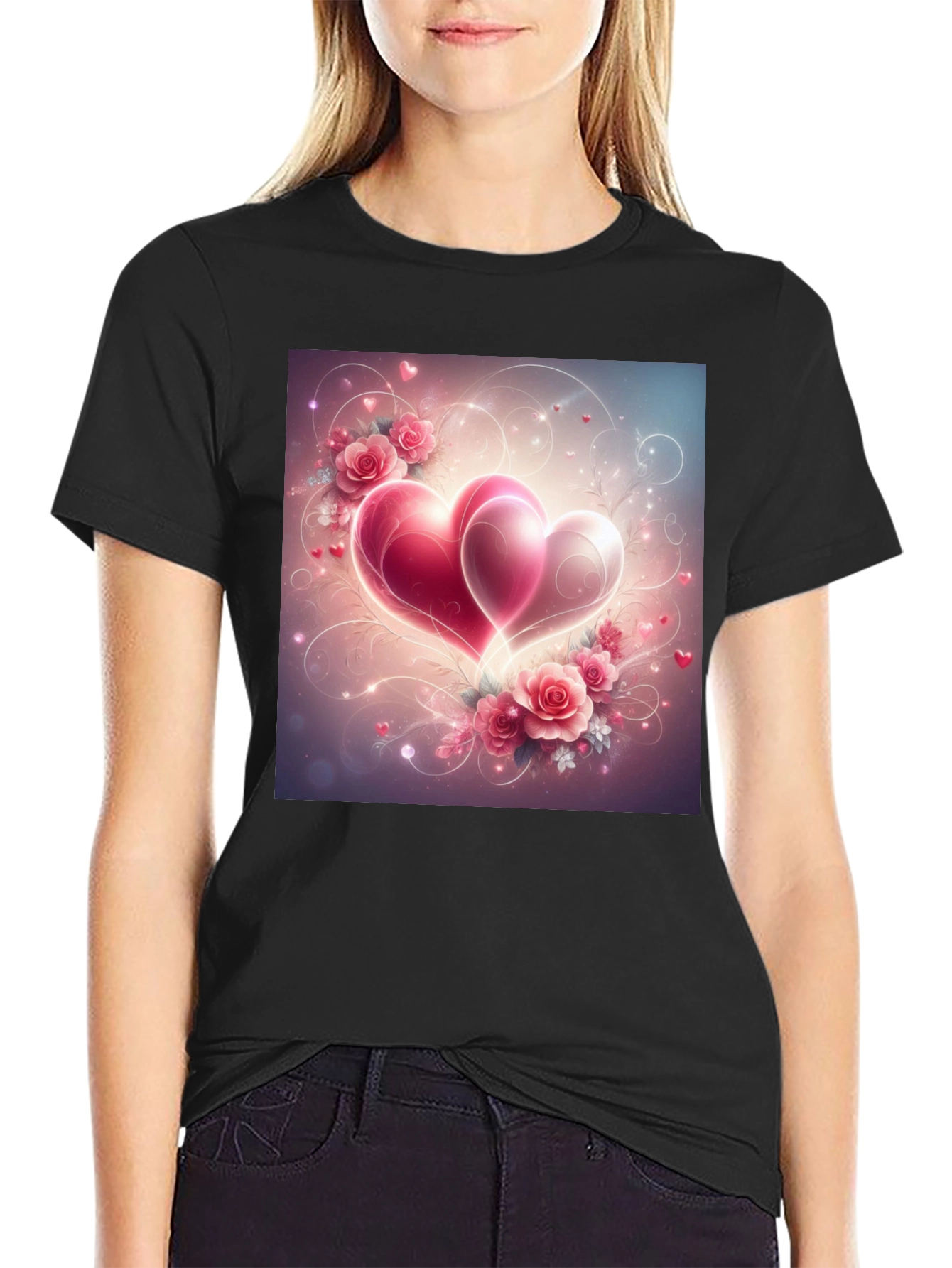 Romantic Hearts & Roses Graphic Tee - Black