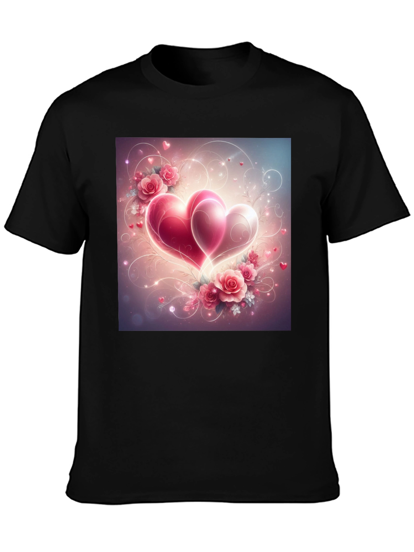 Romantic Hearts & Roses Graphic Tee - Black