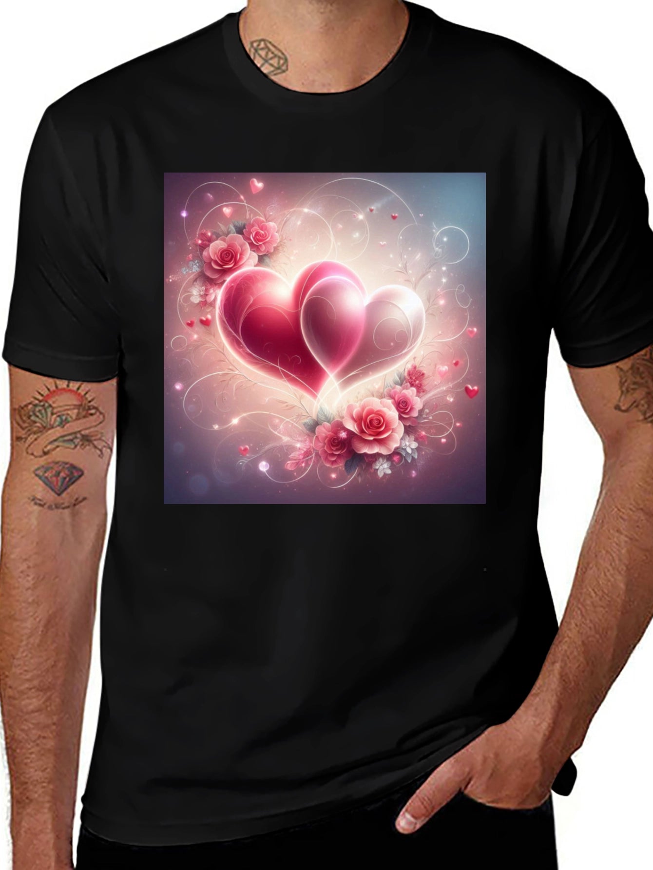 Romantic Hearts & Roses Graphic Tee - Black