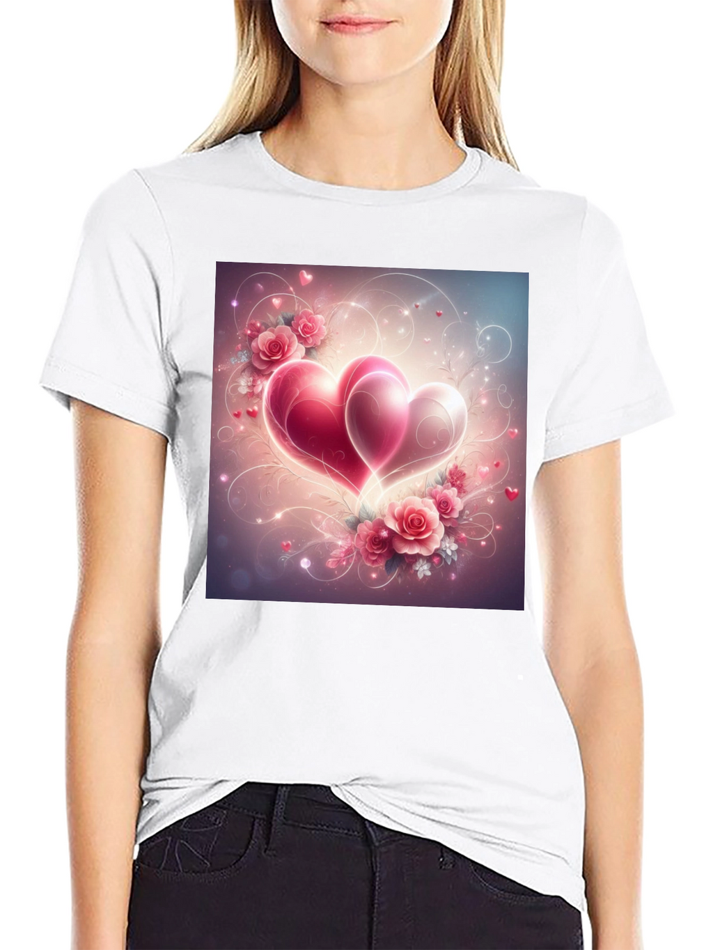 Romantic Hearts & Roses Graphic Tee - Black
