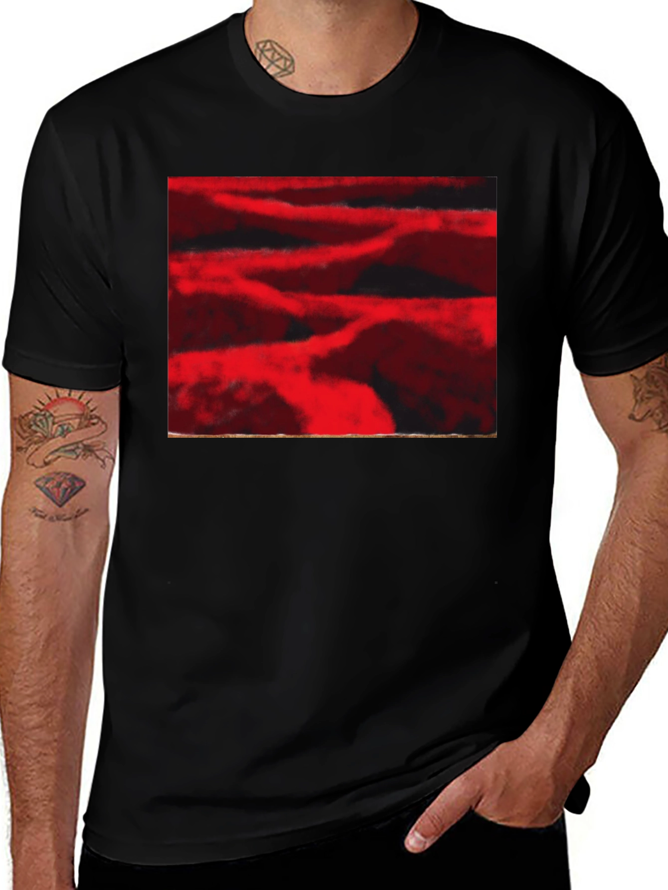 Abstract Red Landscape Print Black T-Shirt