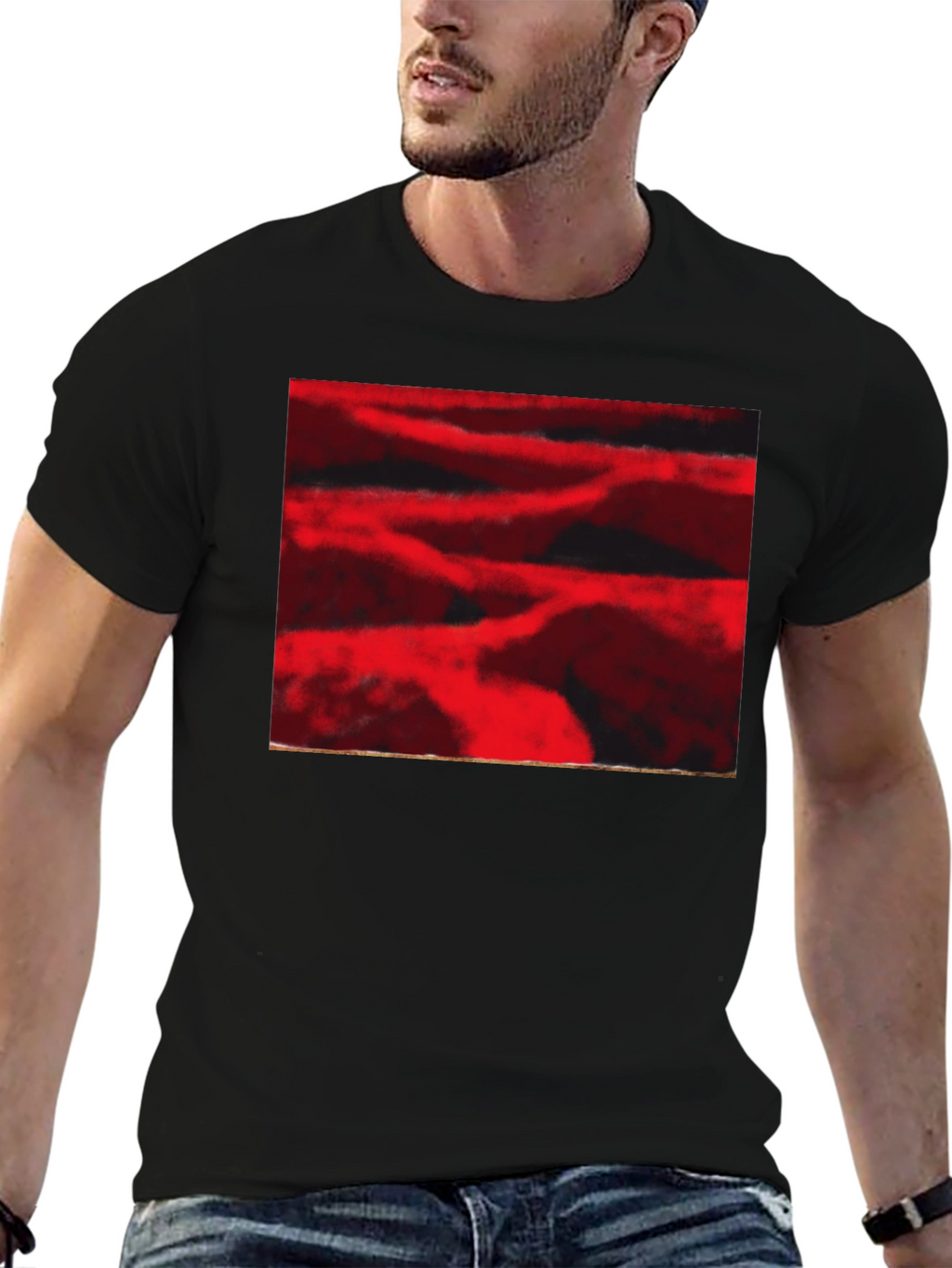Abstract Red Landscape Print Black T-Shirt
