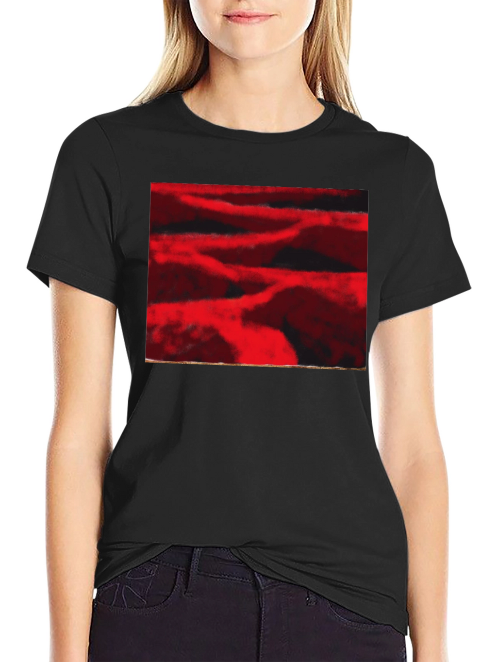 Abstract Red Landscape Print Black T-Shirt