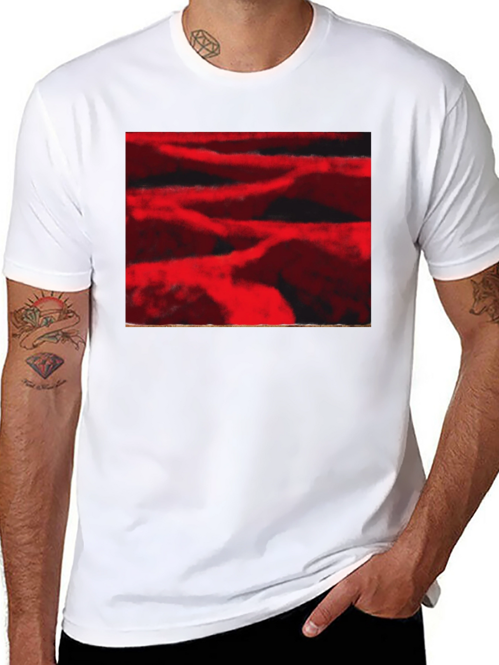 Abstract Red Landscape Print Black T-Shirt
