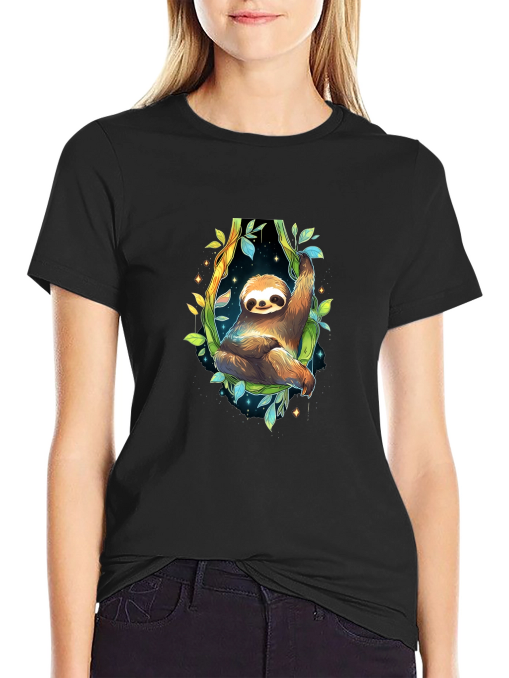 Sloth Graphic Black Tee - Cute Animal Design