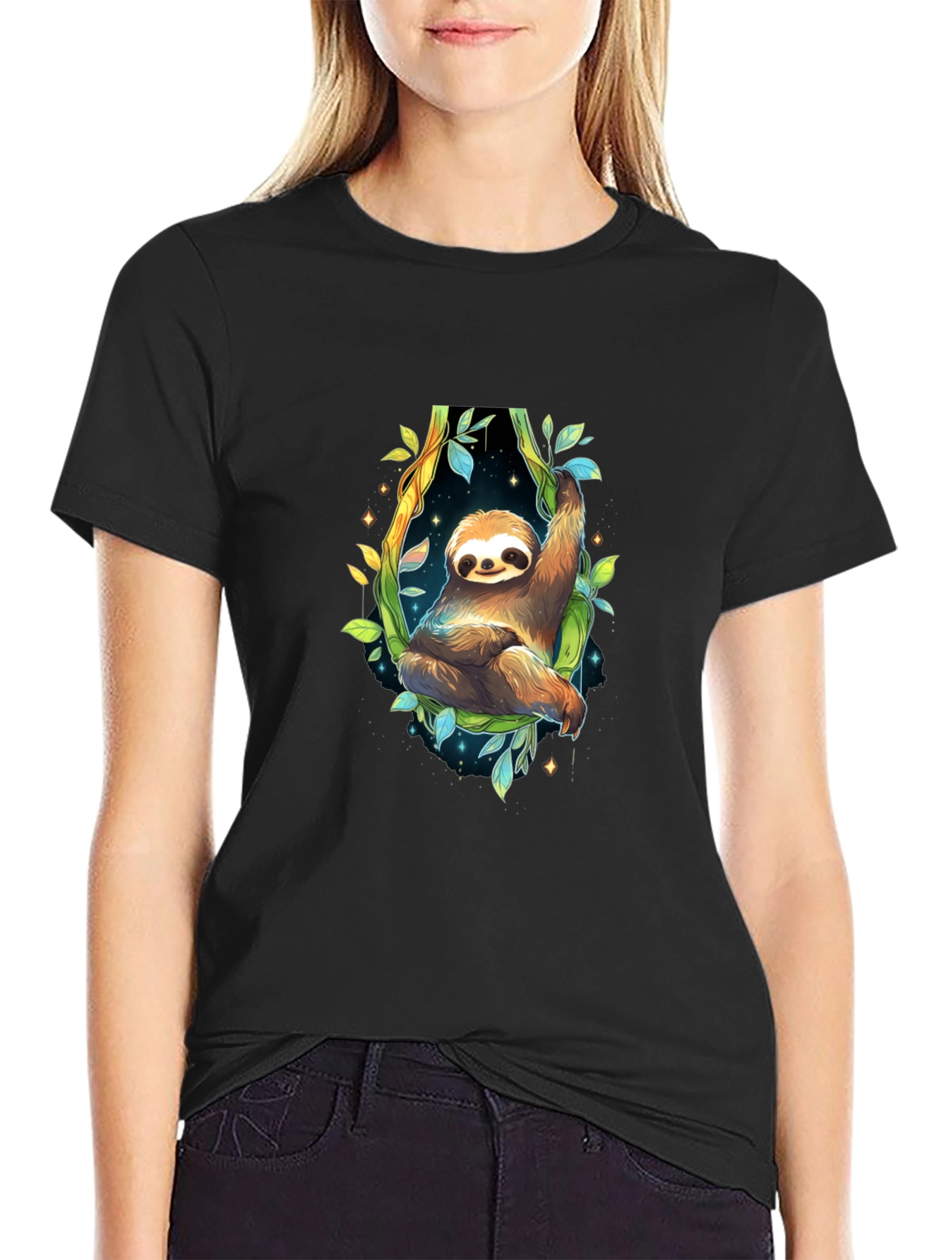 Sloth Graphic Black Tee - Cute Animal Design