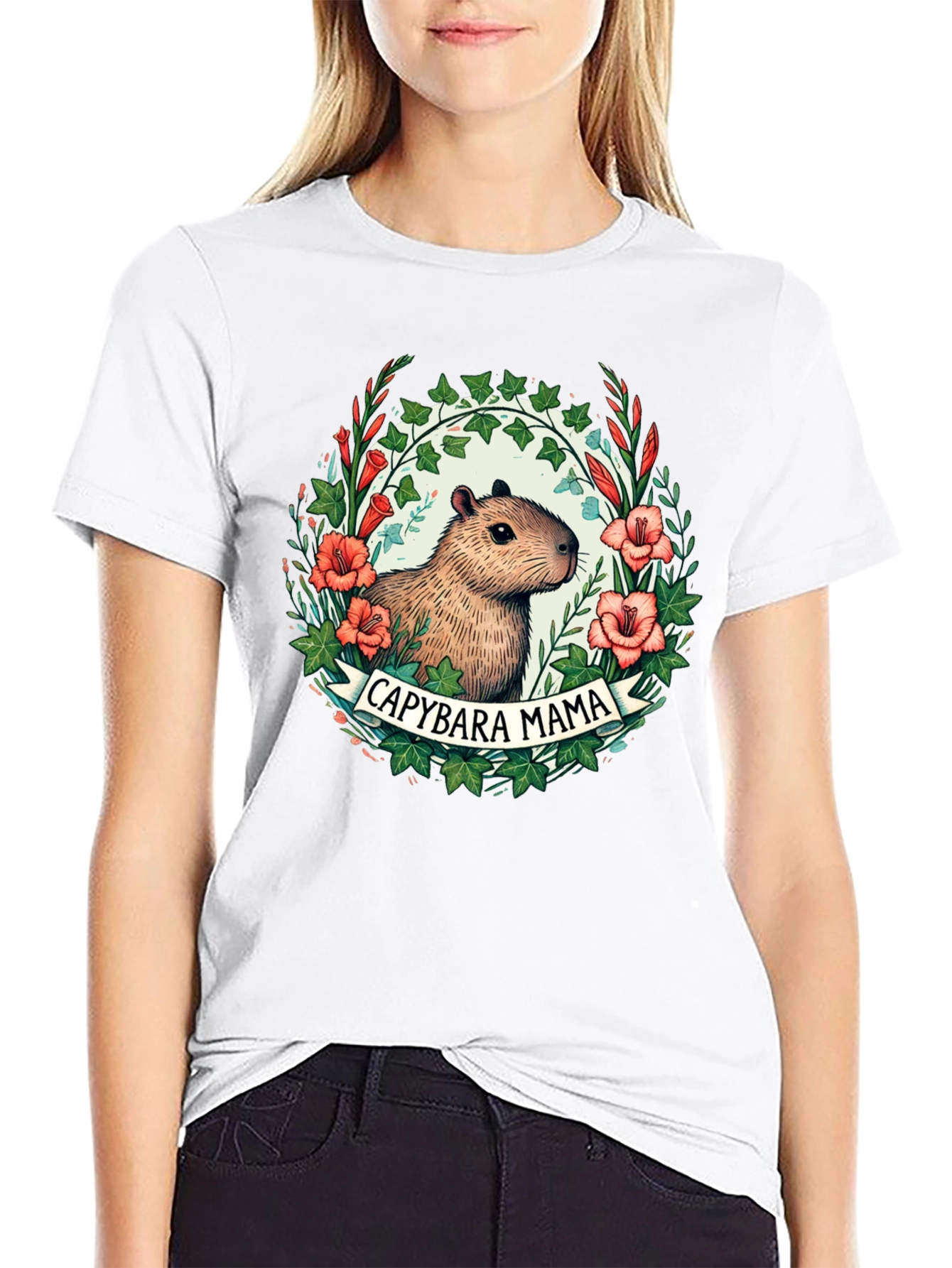 Capybara Mama T-Shirt - Floral Design