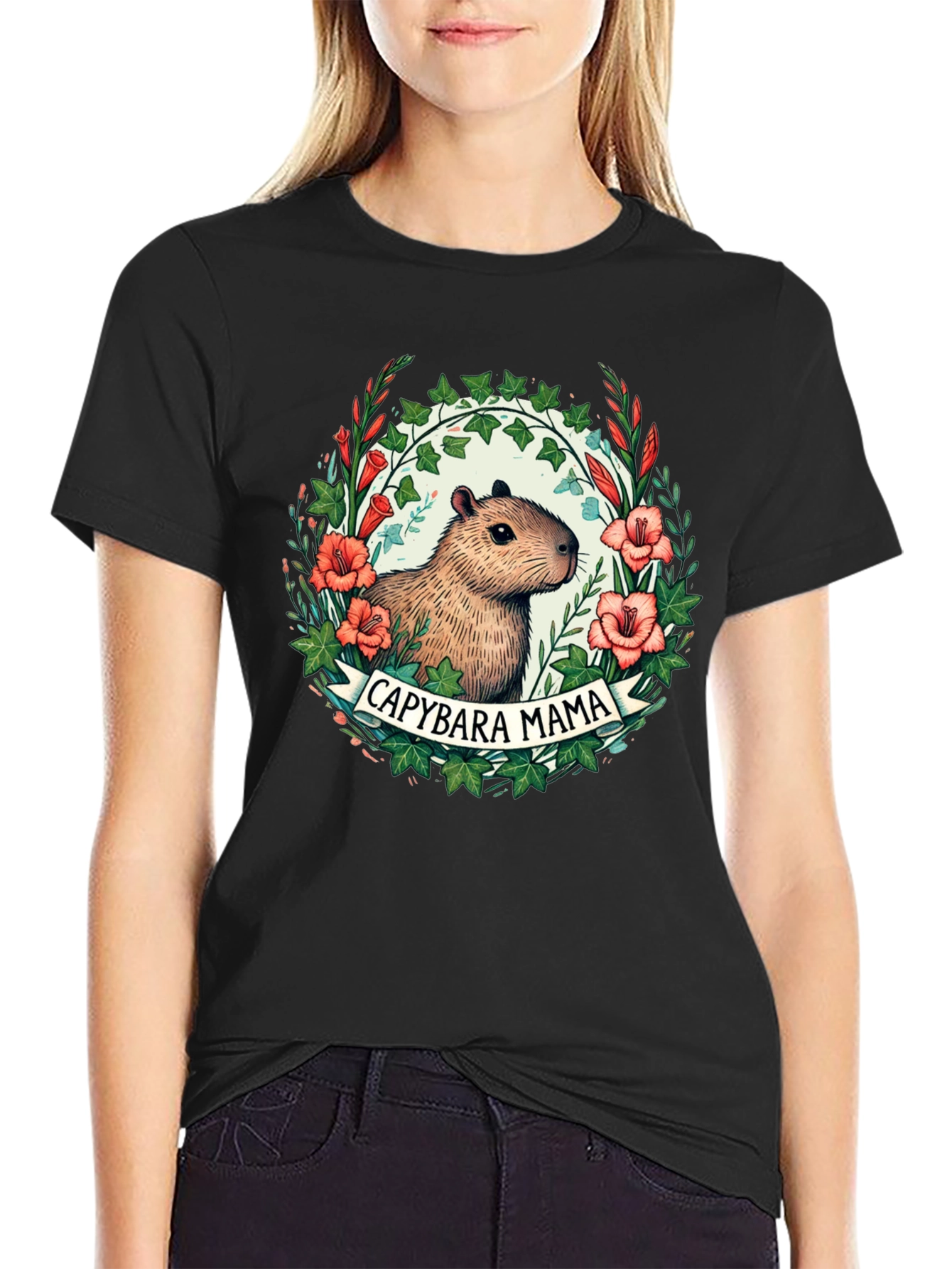 Capybara Mama T-Shirt - Floral Design