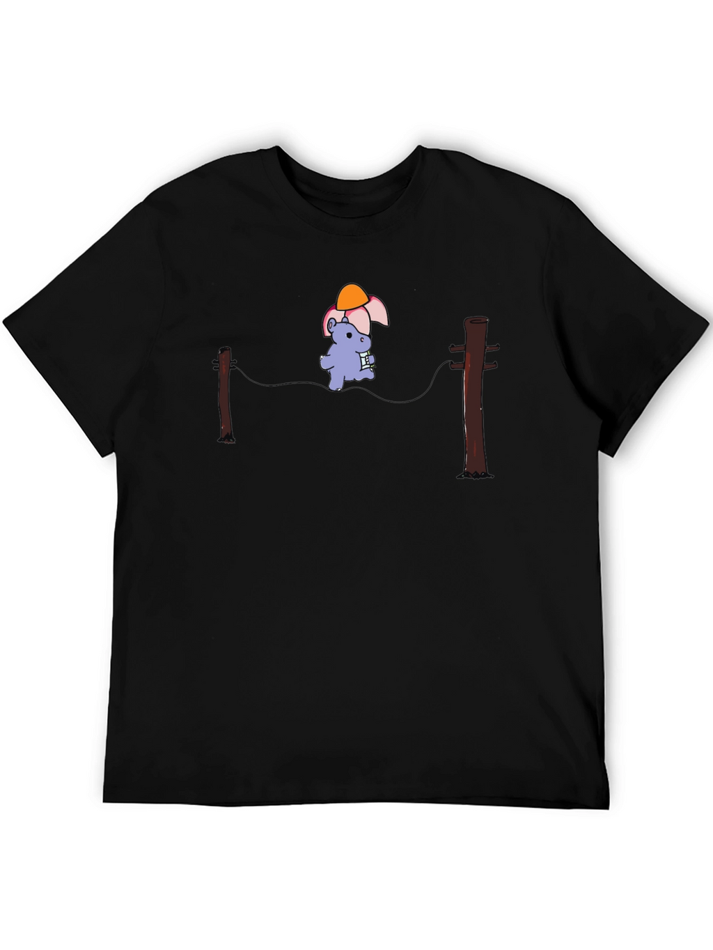 Cartoon Hippopotamus on a Wire Black T-Shirt