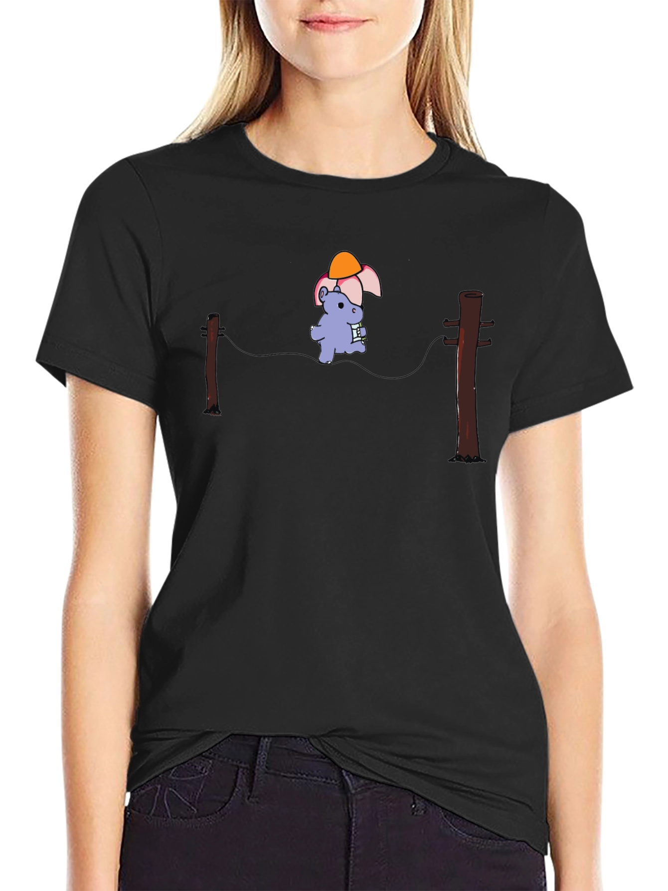 Cartoon Hippopotamus on a Wire Black T-Shirt