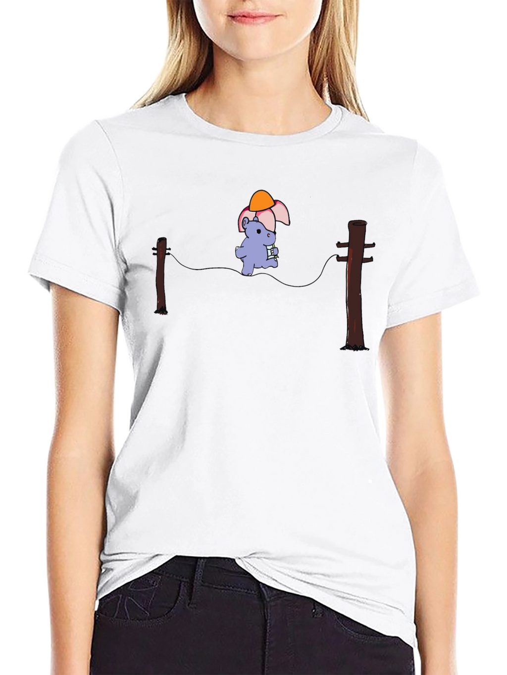 Cartoon Hippopotamus on a Wire Black T-Shirt
