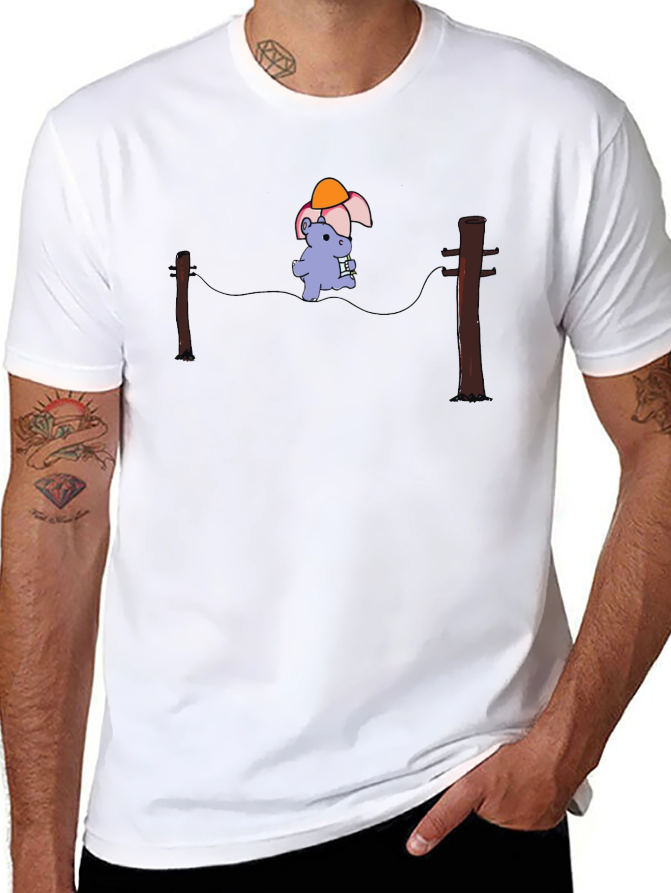 Cartoon Hippopotamus on a Wire Black T-Shirt