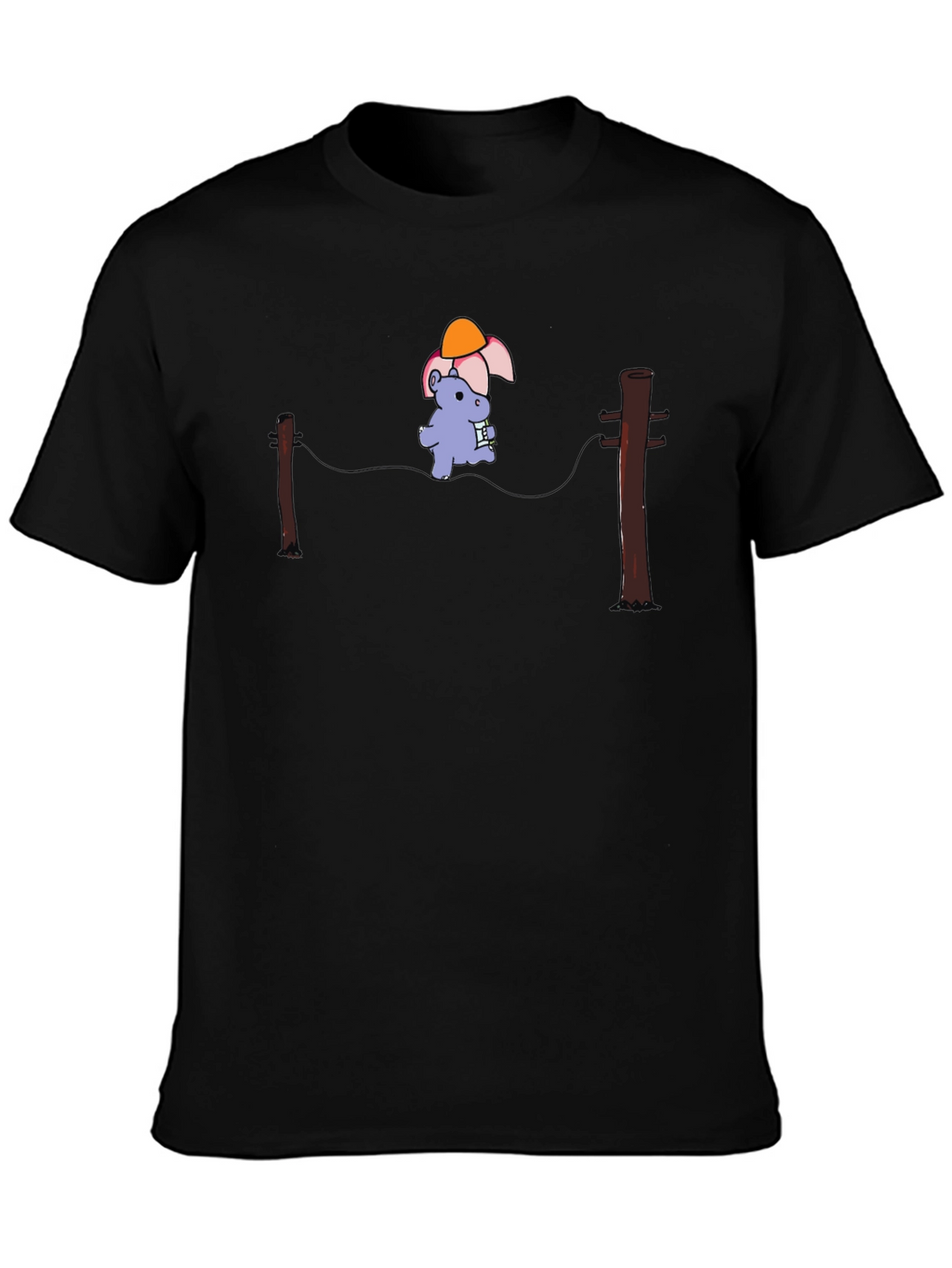 Cartoon Hippopotamus on a Wire Black T-Shirt