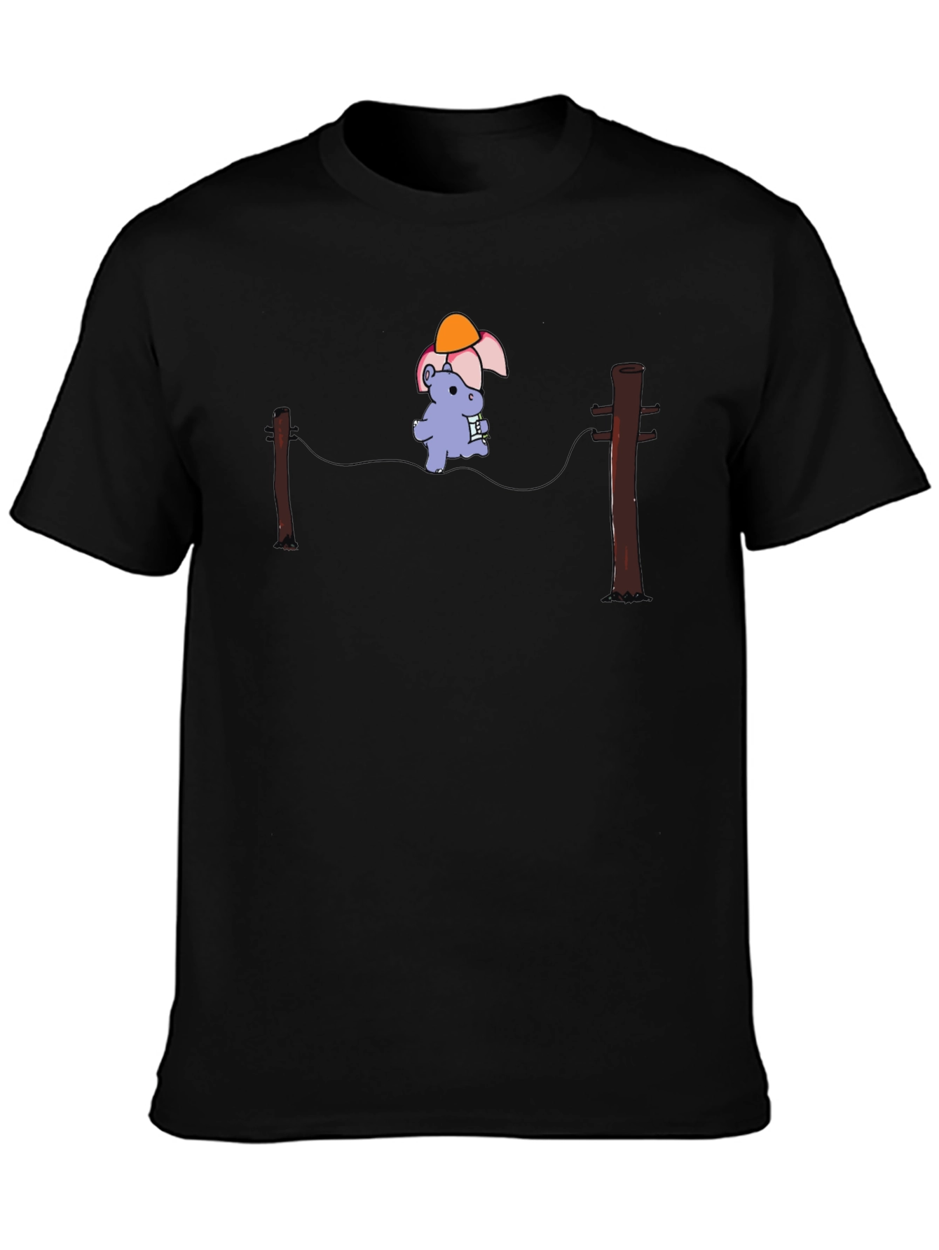 Cartoon Hippopotamus on a Wire Black T-Shirt