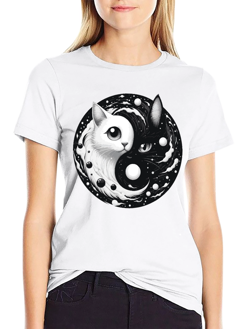 Yin Yang Cat Graphic T-Shirt - Balance & Style