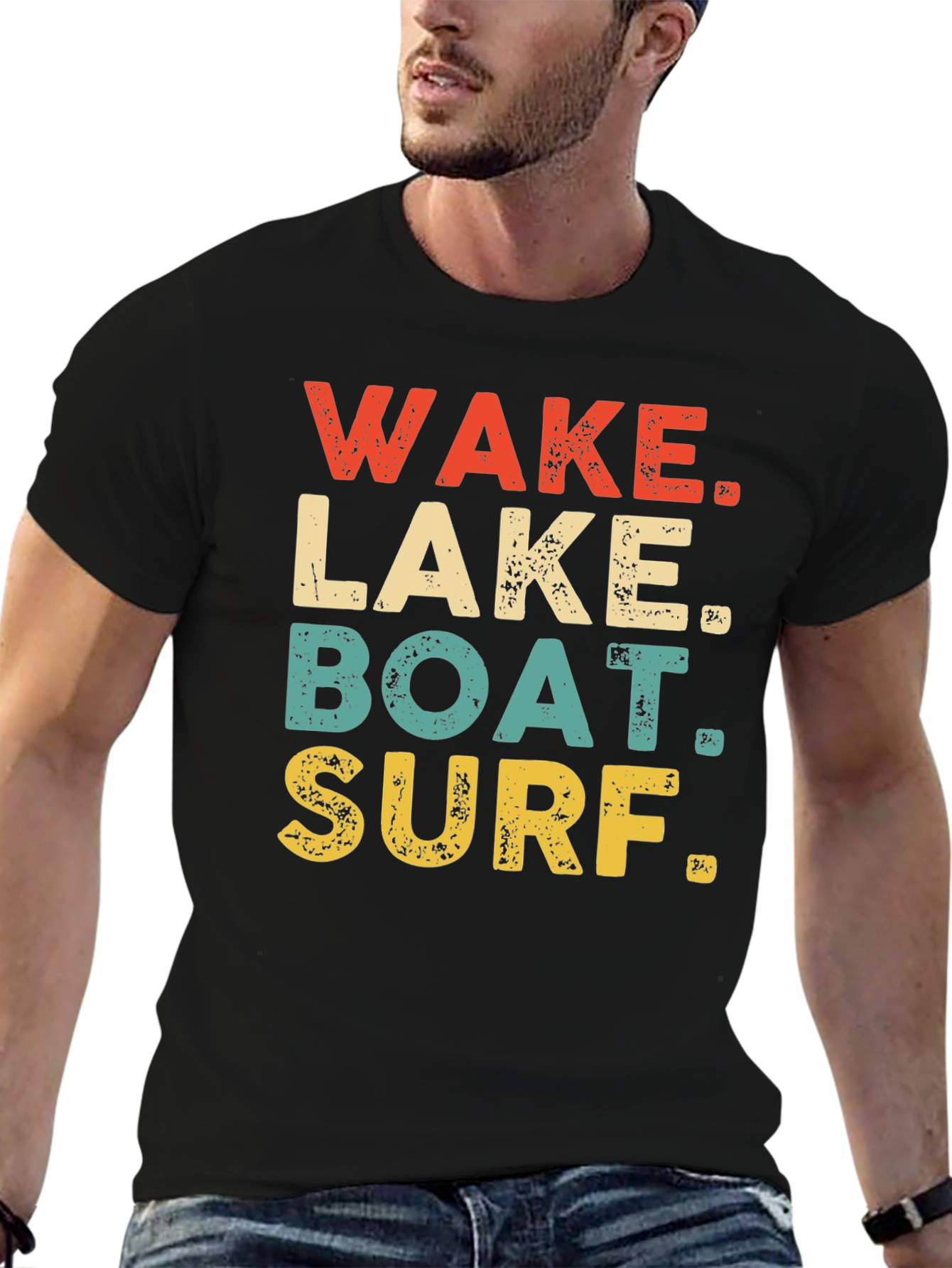 Wake Lake Boat Surf T-Shirt Black Casual Summer