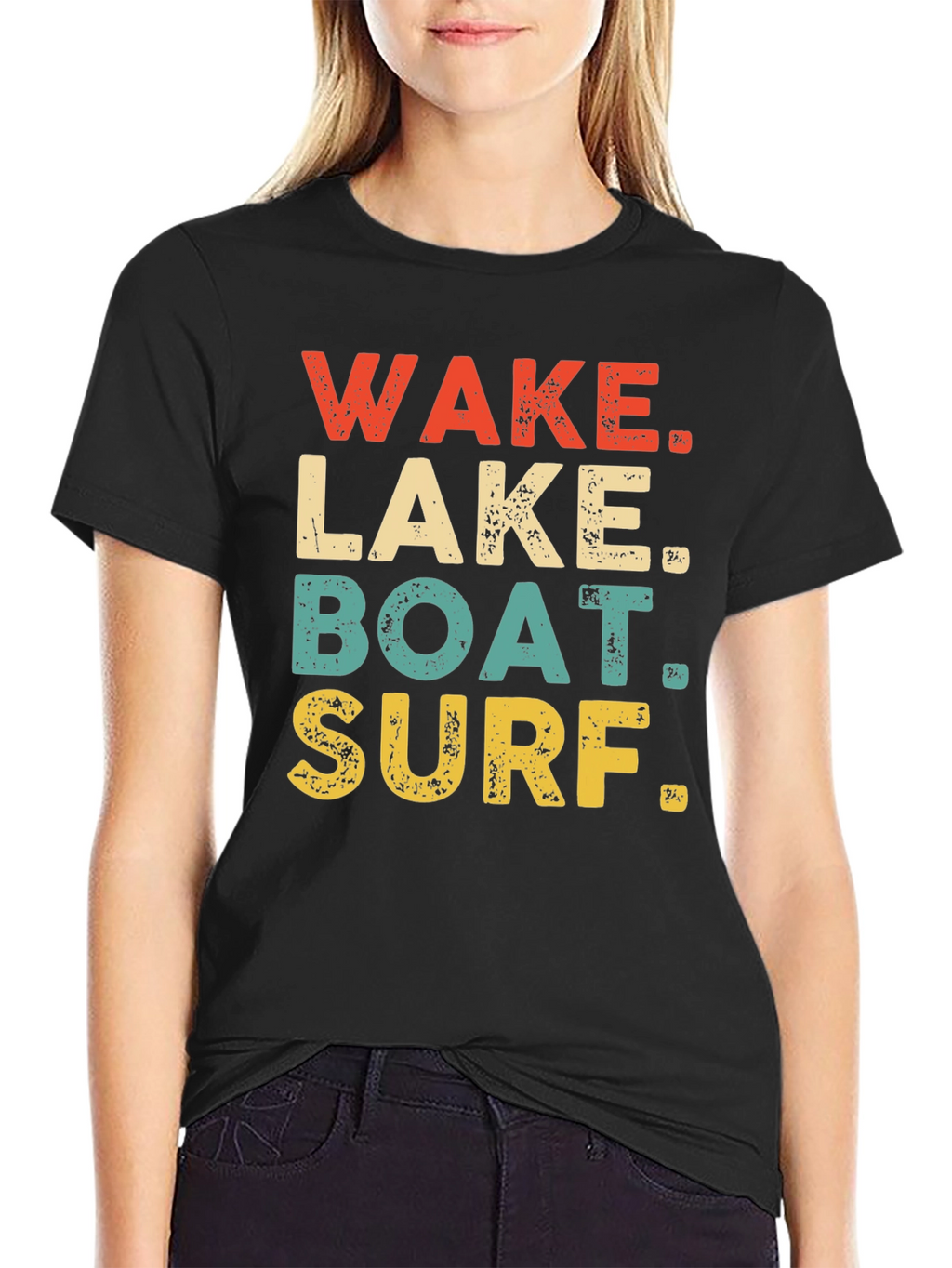 Wake Lake Boat Surf T-Shirt Black Casual Summer