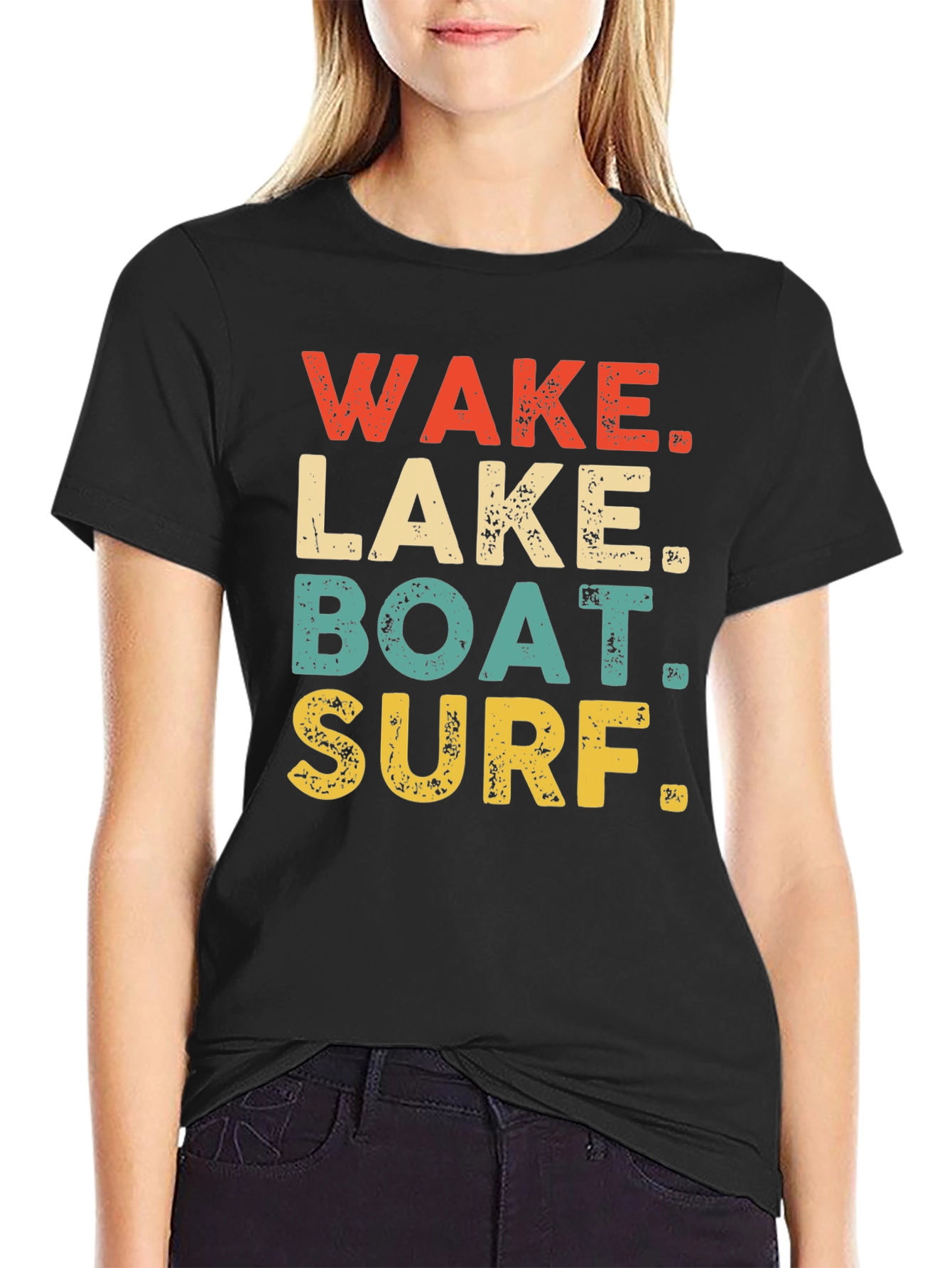 Wake Lake Boat Surf T-Shirt Black Casual Summer