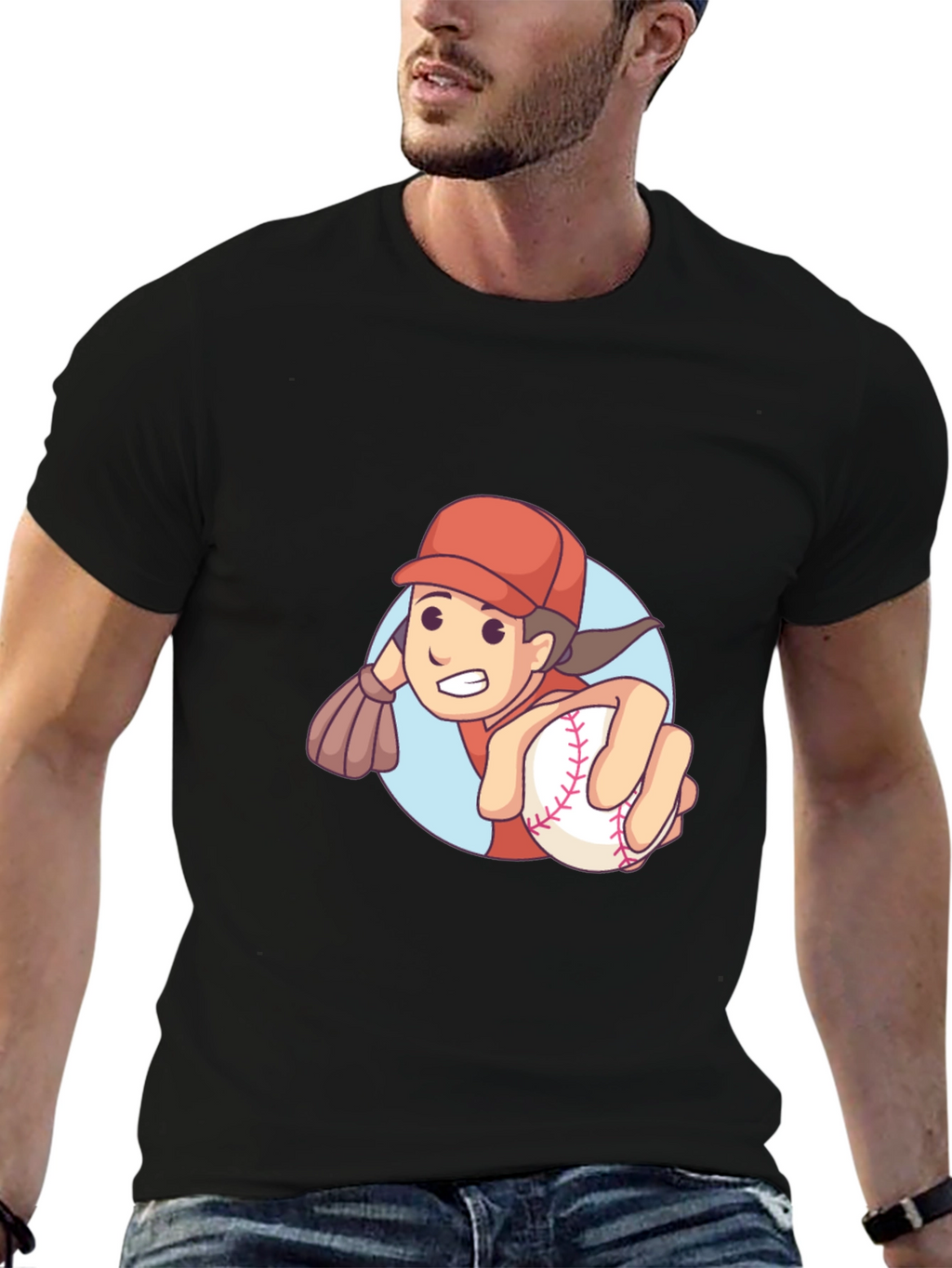 Cartoon Baseball Player Graphic T-Shirt