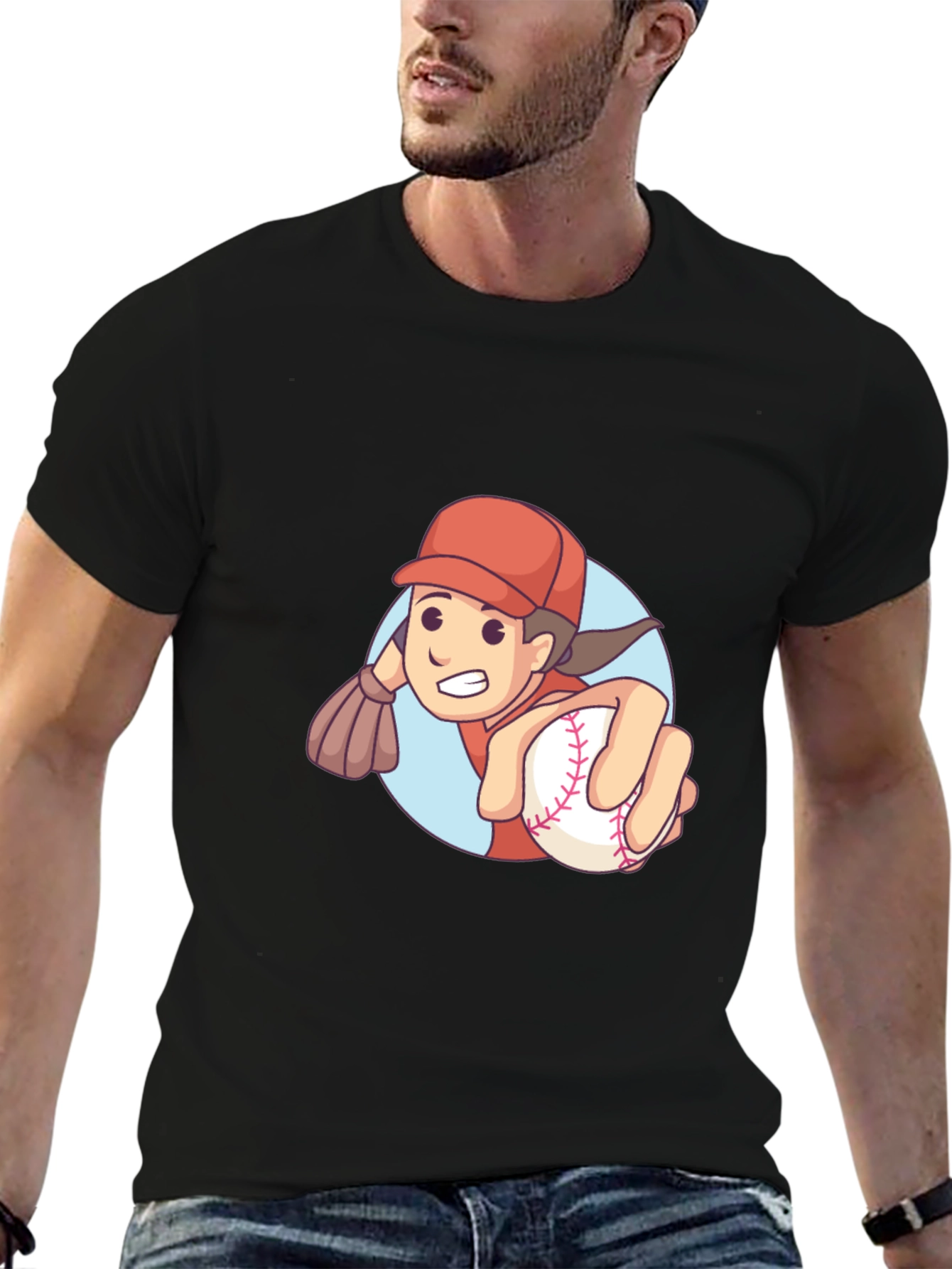 Cartoon Baseball Player Graphic T-Shirt