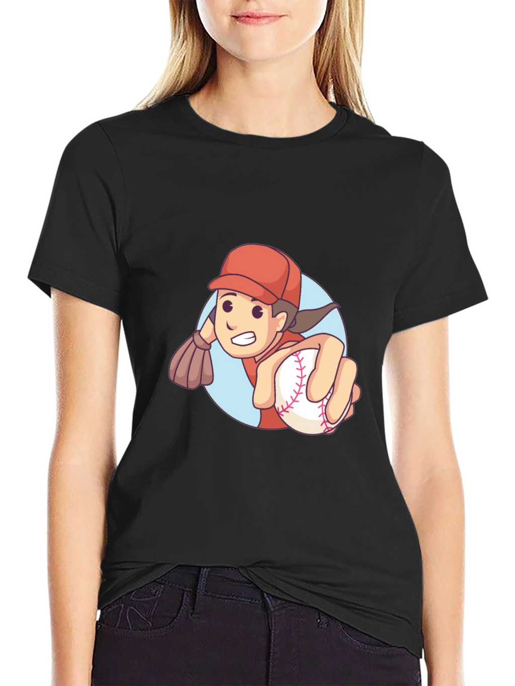 Cartoon Baseball Player Graphic T-Shirt