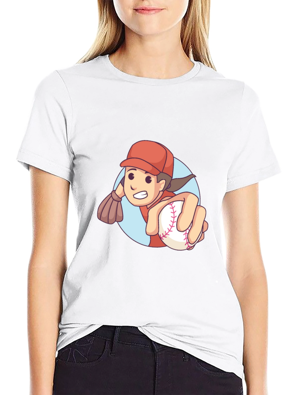Cartoon Baseball Player Graphic T-Shirt
