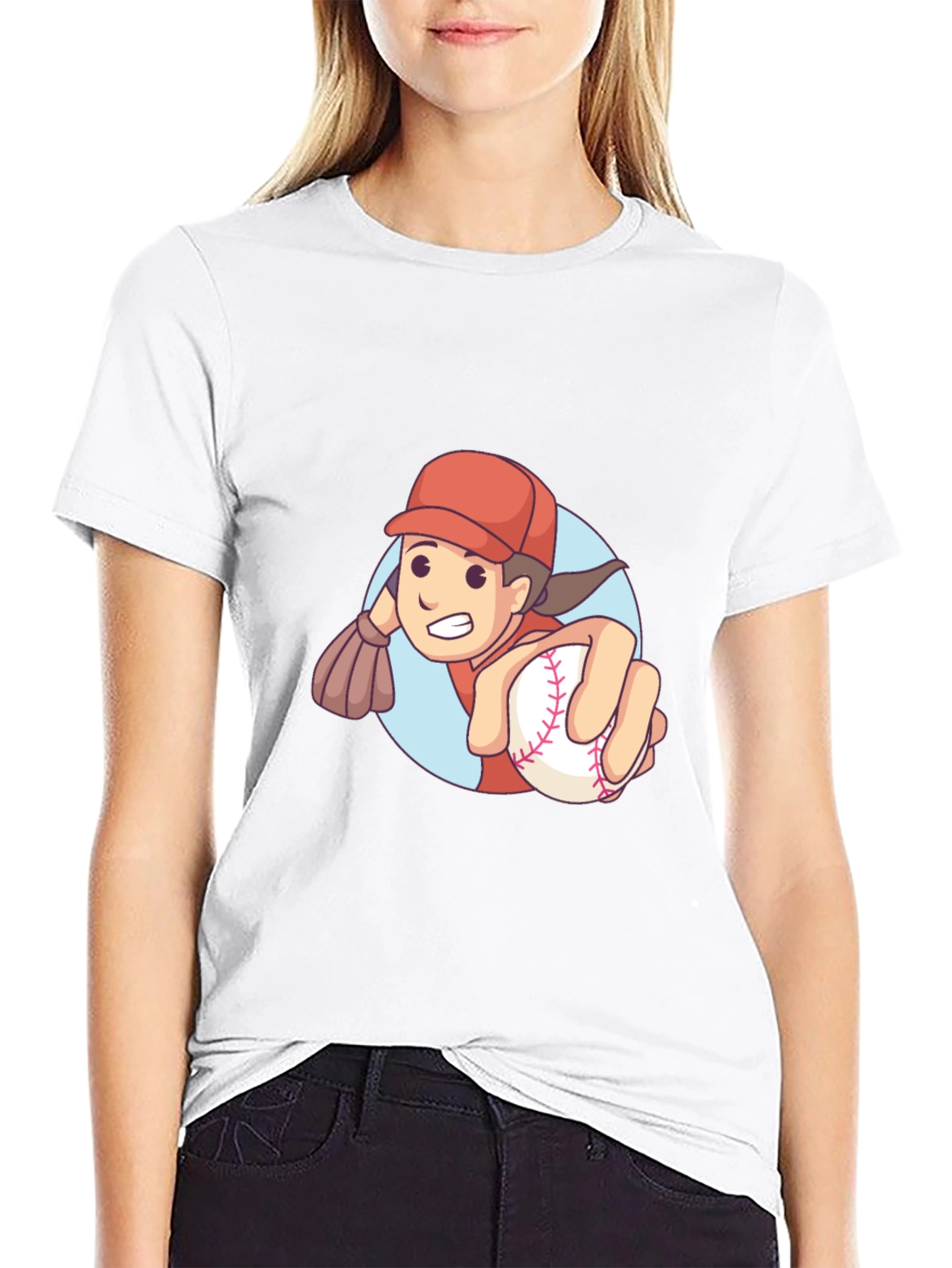 Cartoon Baseball Player Graphic T-Shirt