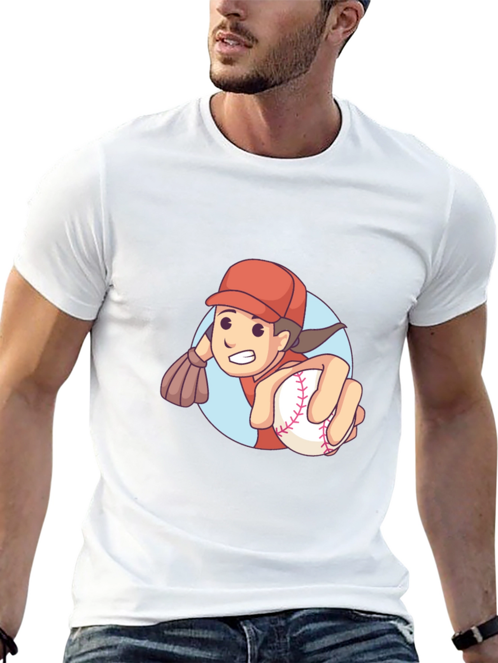 Cartoon Baseball Player Graphic T-Shirt