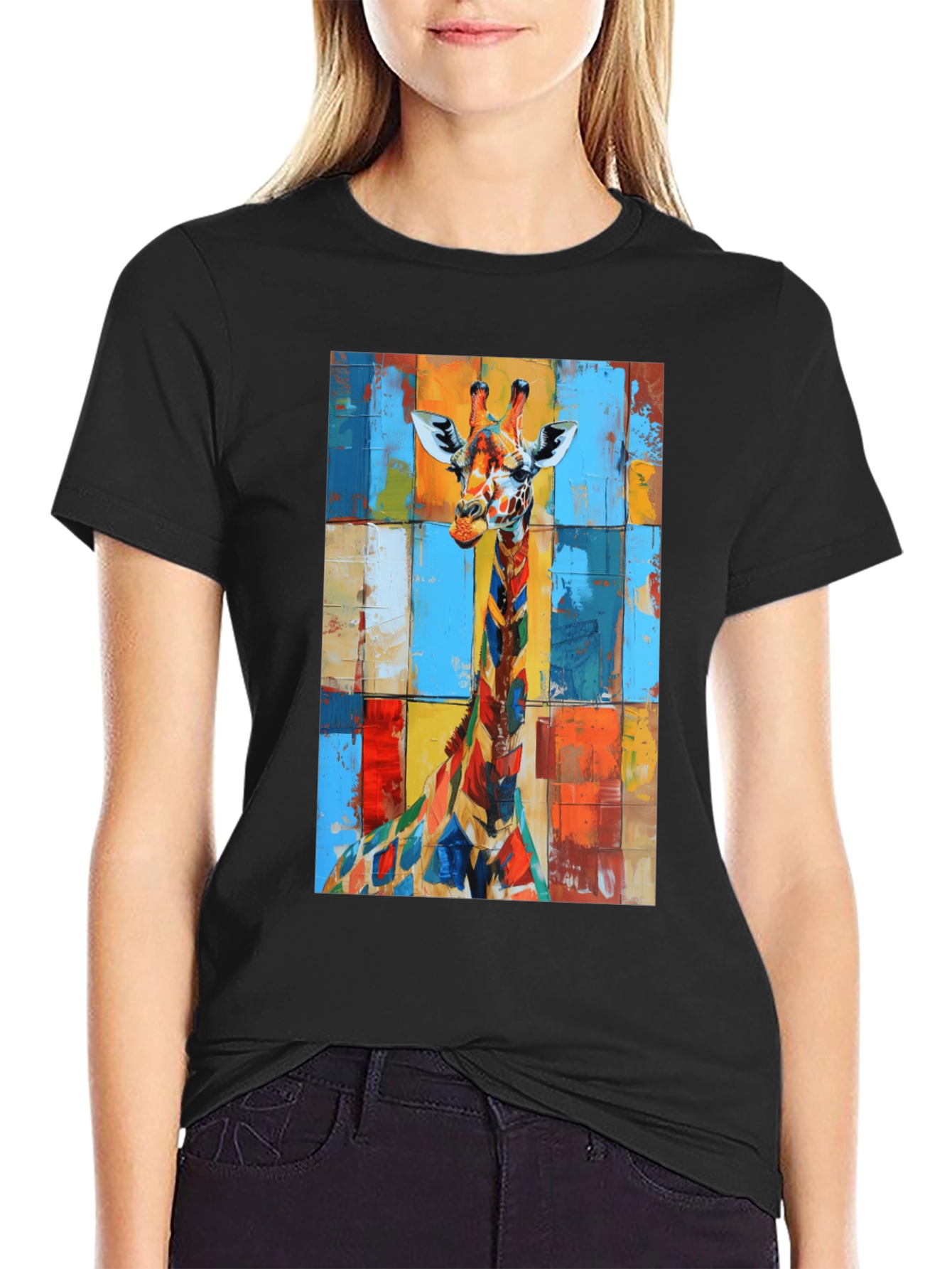 Colorful Giraffe Art Black T-Shirt