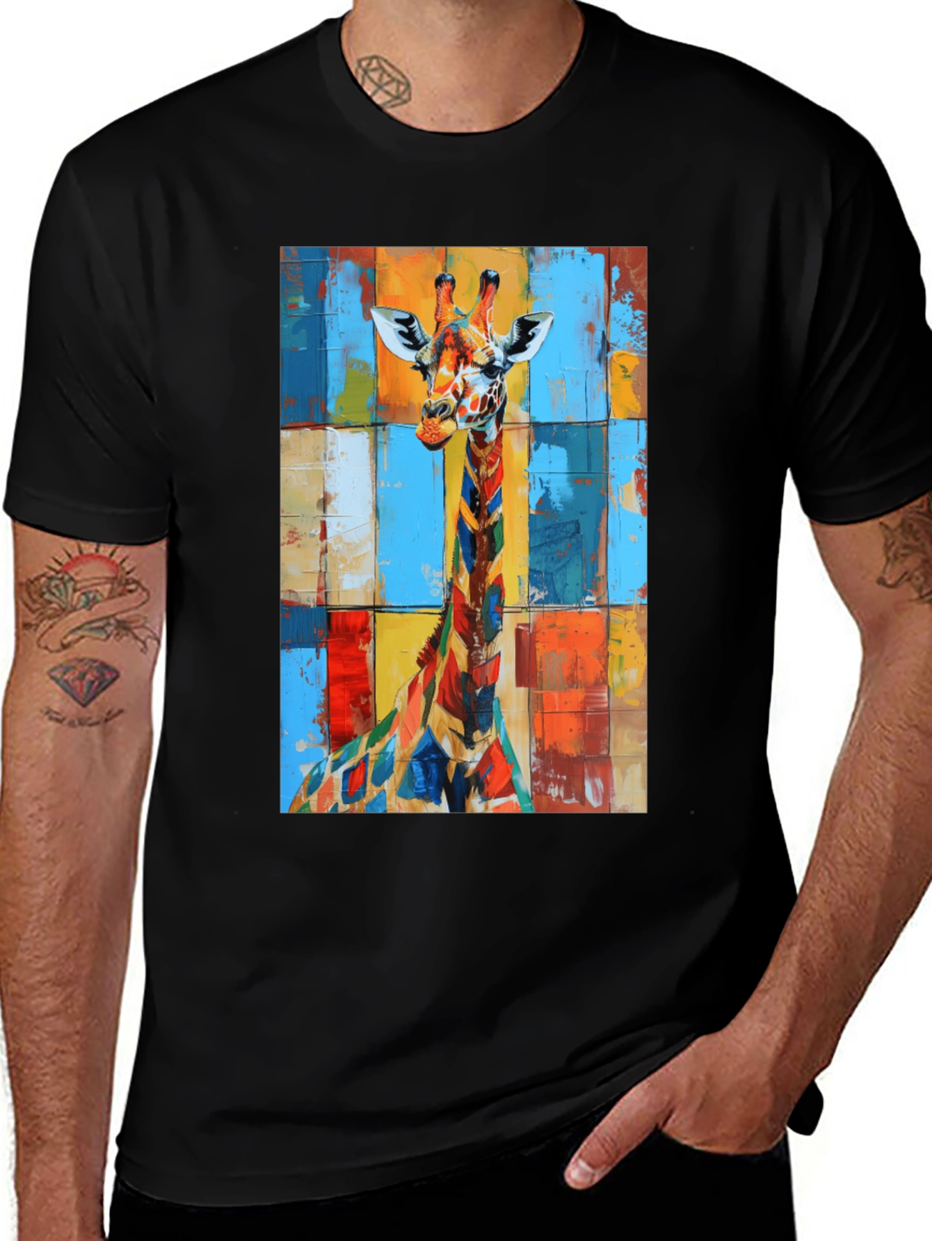 Colorful Giraffe Art Black T-Shirt