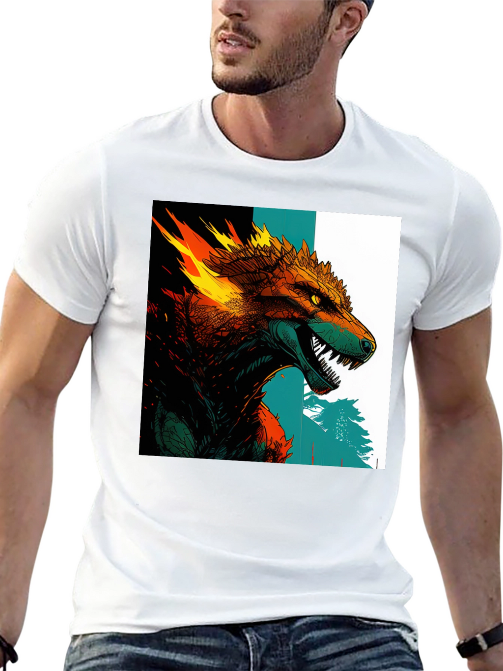 Fiery Wolf Graphic Print Black T-Shirt