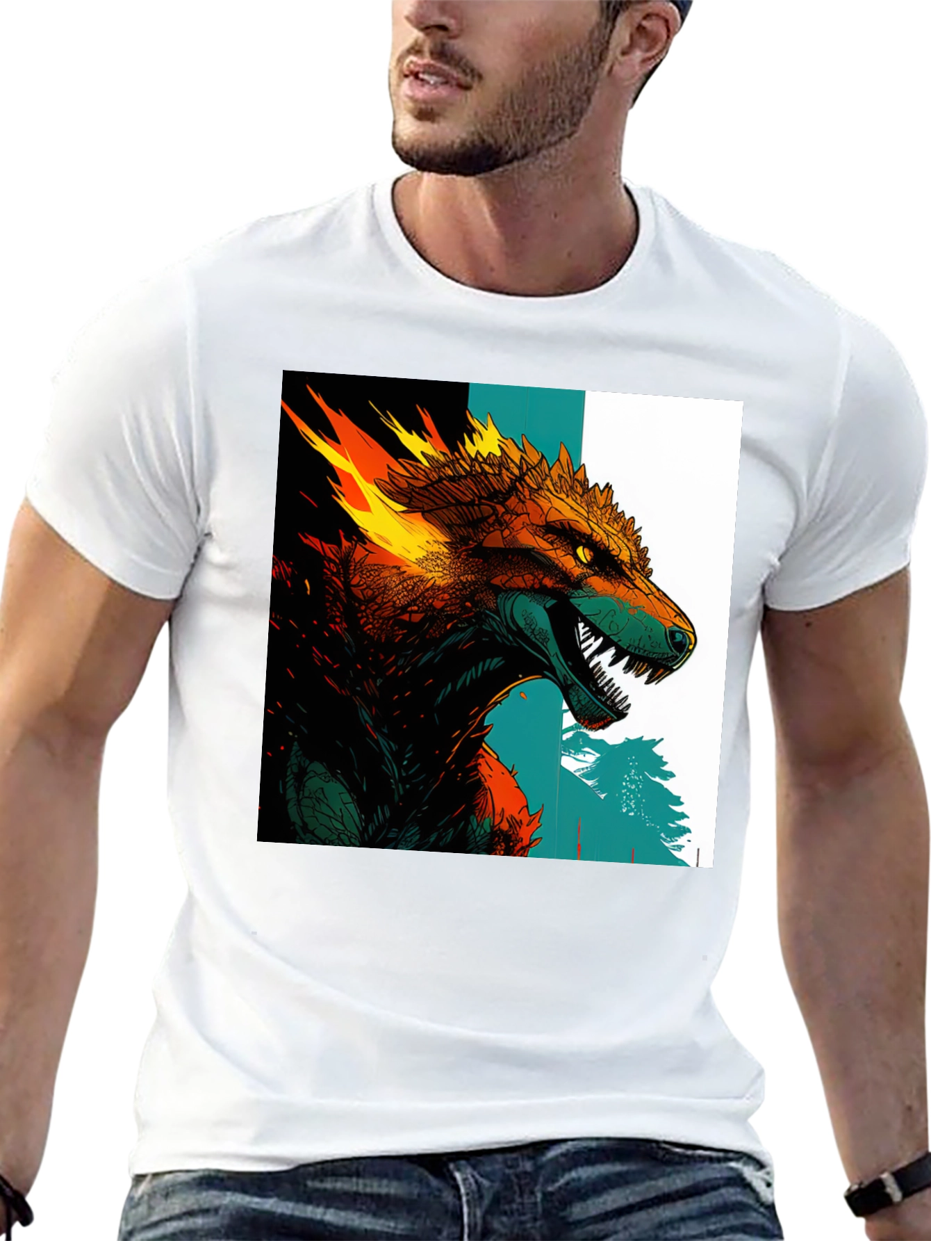 Fiery Wolf Graphic Print Black T-Shirt