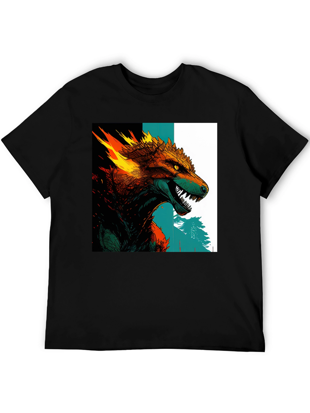 Fiery Wolf Graphic Print Black T-Shirt