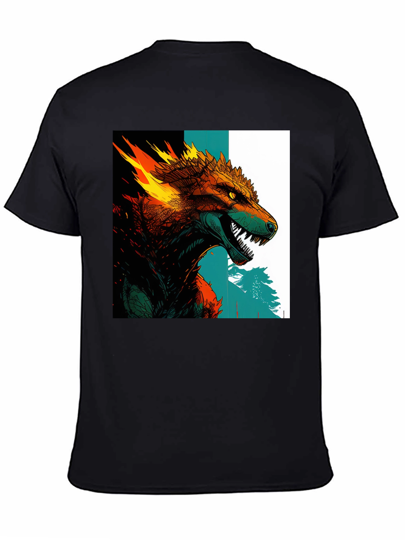 Fiery Wolf Graphic Print Black T-Shirt