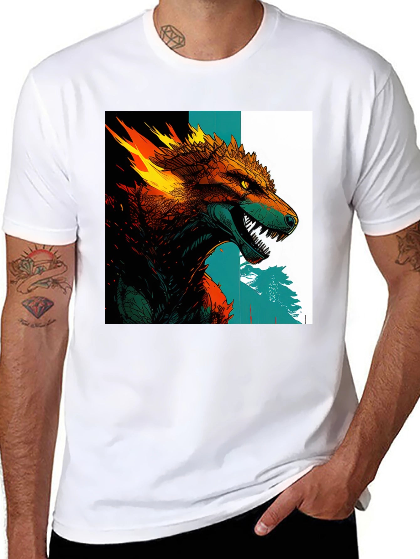 Fiery Wolf Graphic Print Black T-Shirt