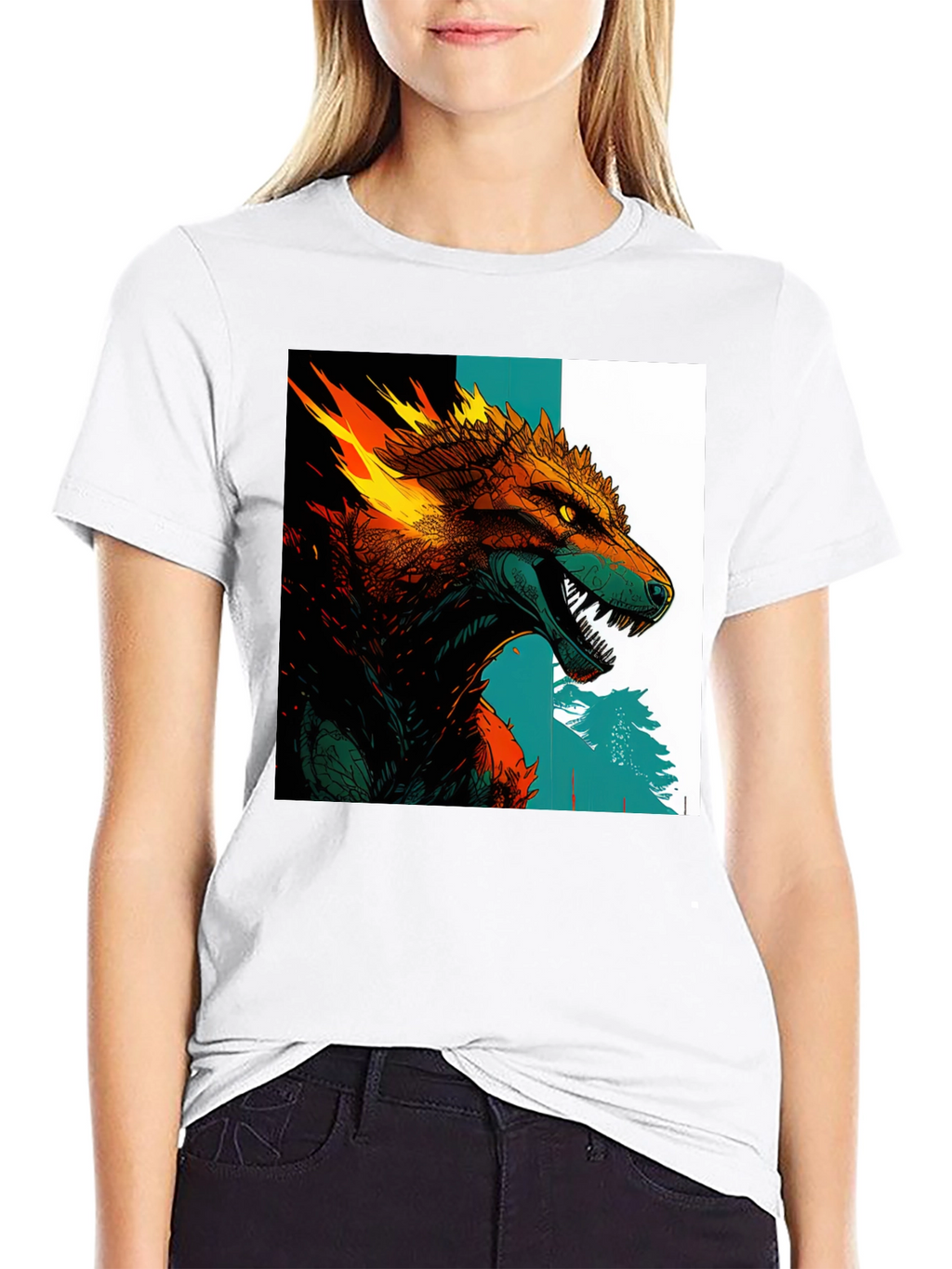Fiery Wolf Graphic Print Black T-Shirt