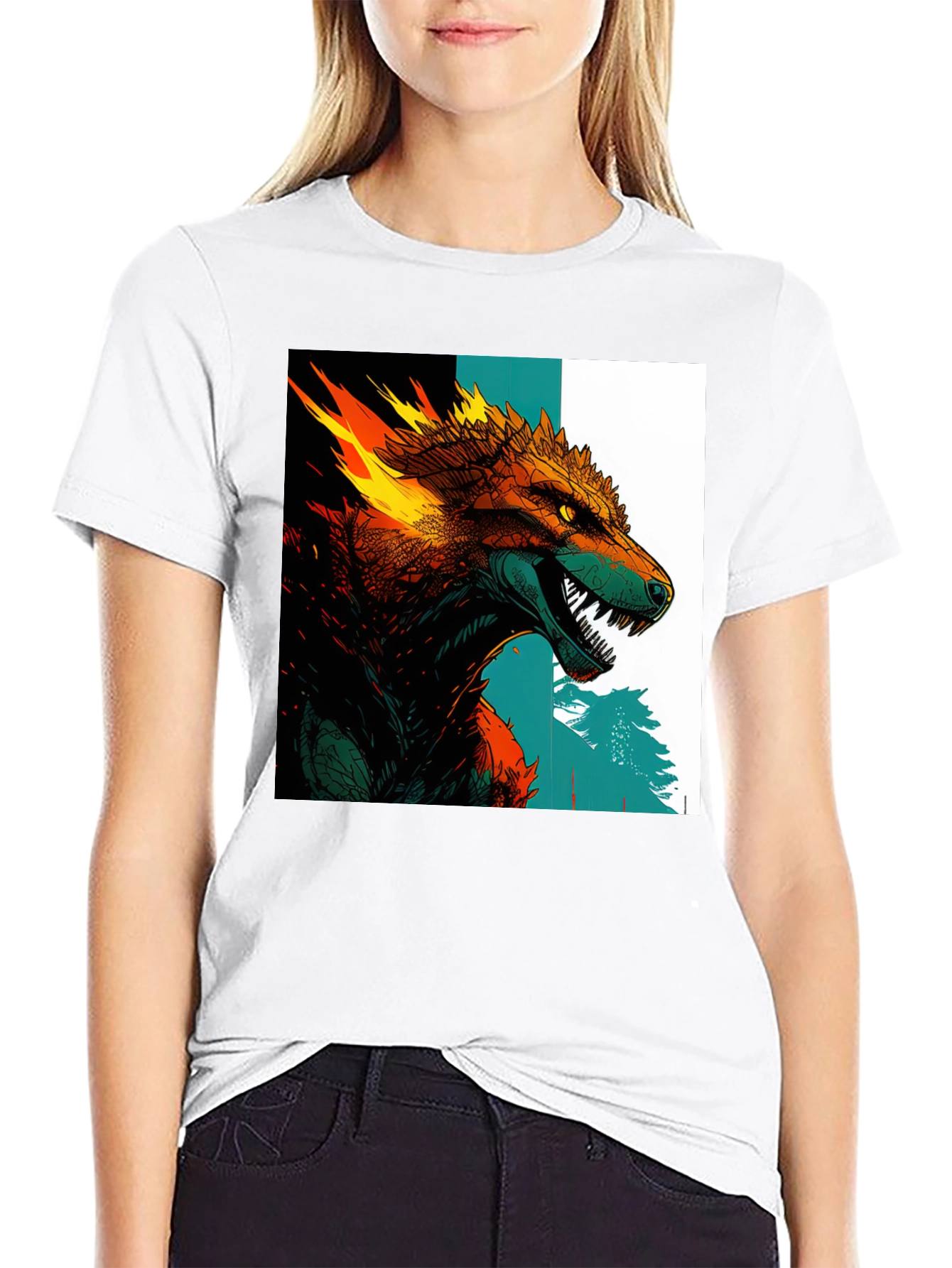 Fiery Wolf Graphic Print Black T-Shirt